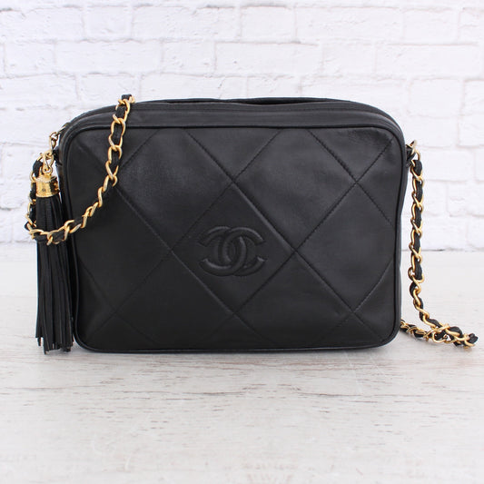 Chanel Diamond CC Black Quilted Lambskin Leather Camera Bag