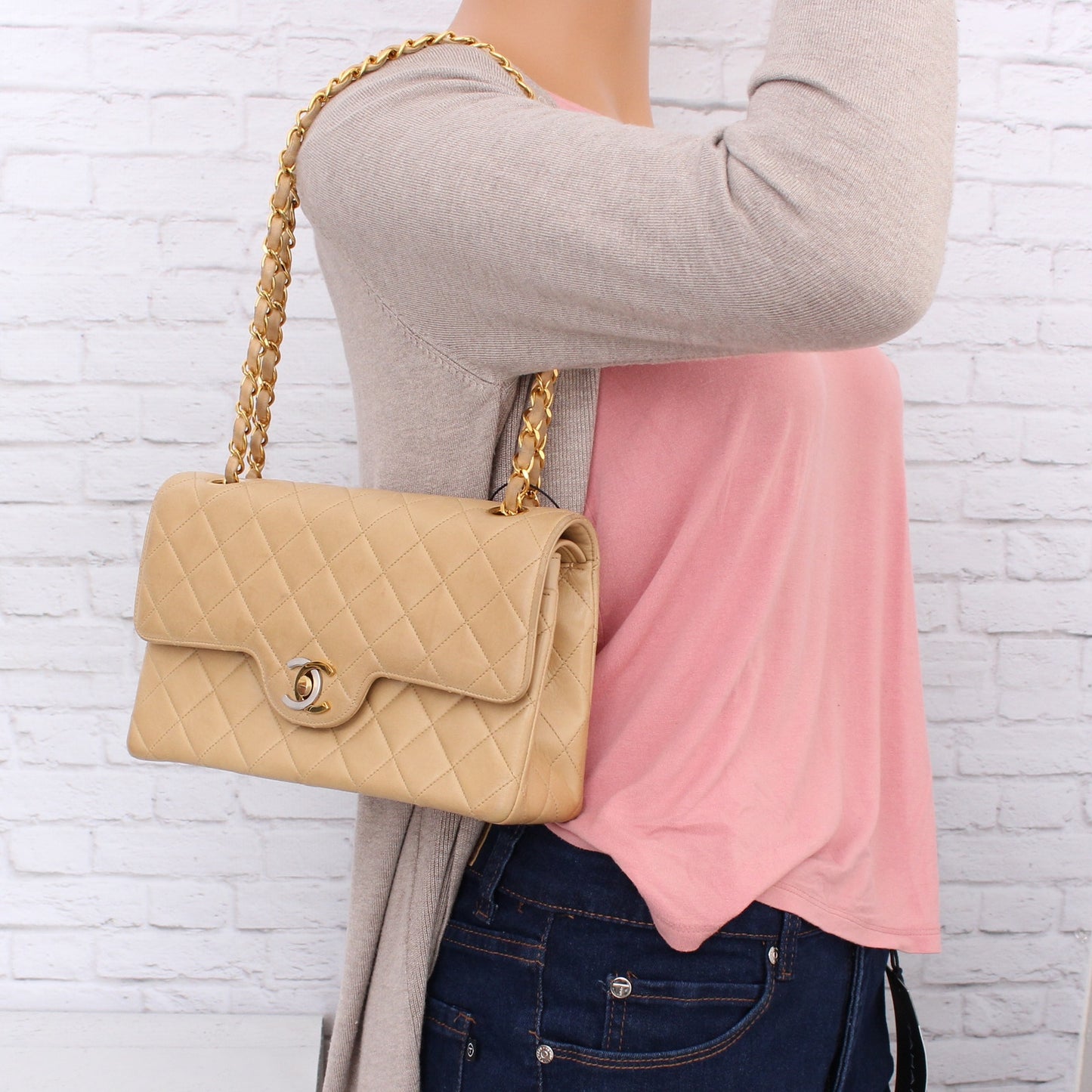 Chanel Paris Limited Two Tone Double Flap Beige Lambskin Leather Shoulder A4710