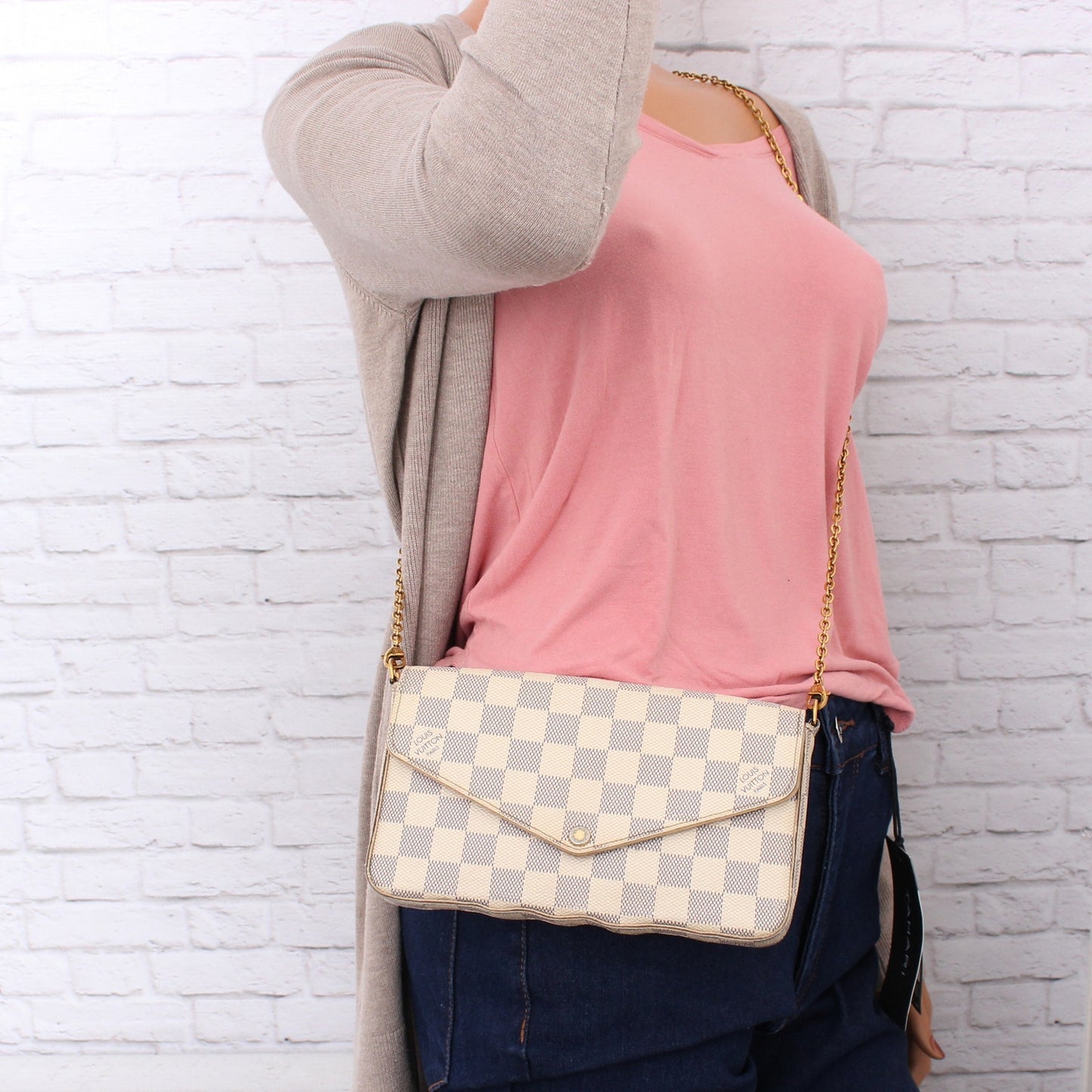 Louis Vuitton Pochette Felice Damier Azur Crossbody Shoulder Handbag Brown A4354