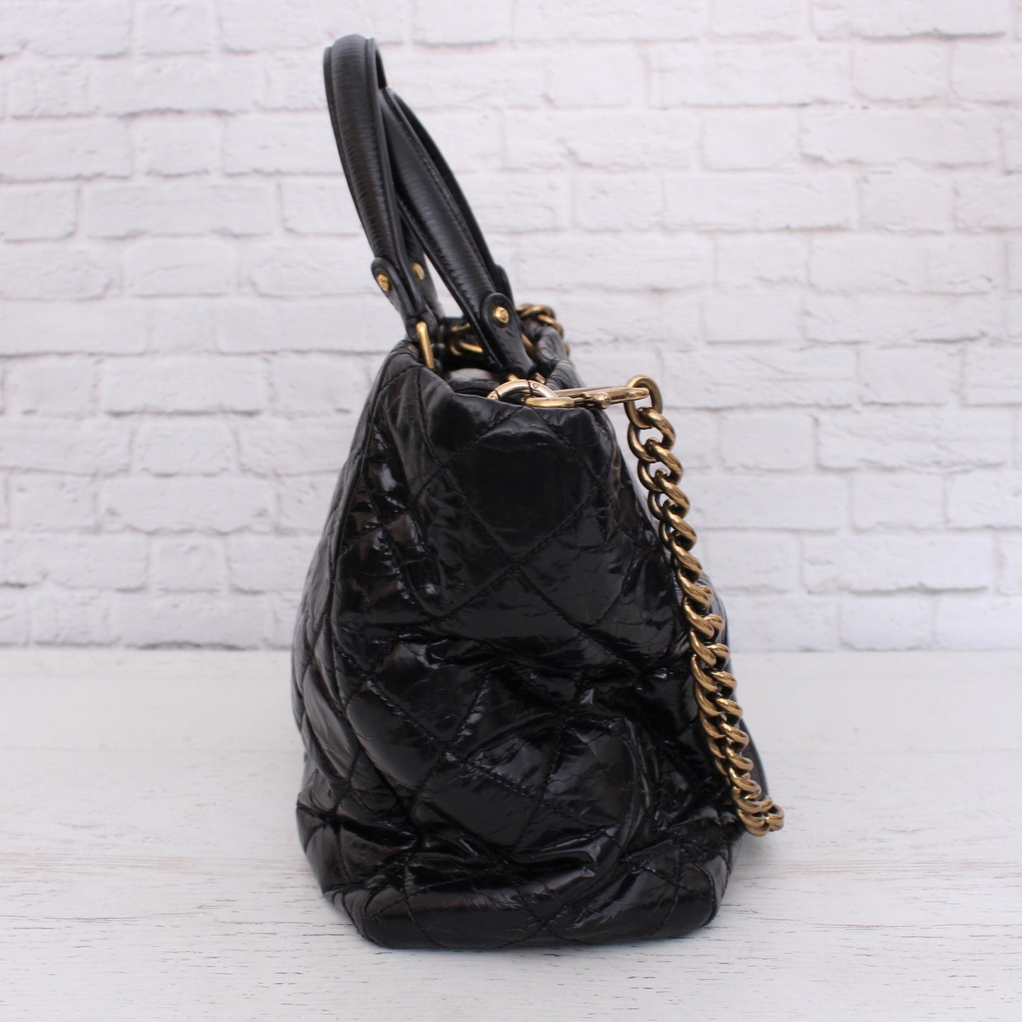 Chanel 2 Way Tote Black Glazed Calfskin Leather Shoulder Handbag Purse A4825