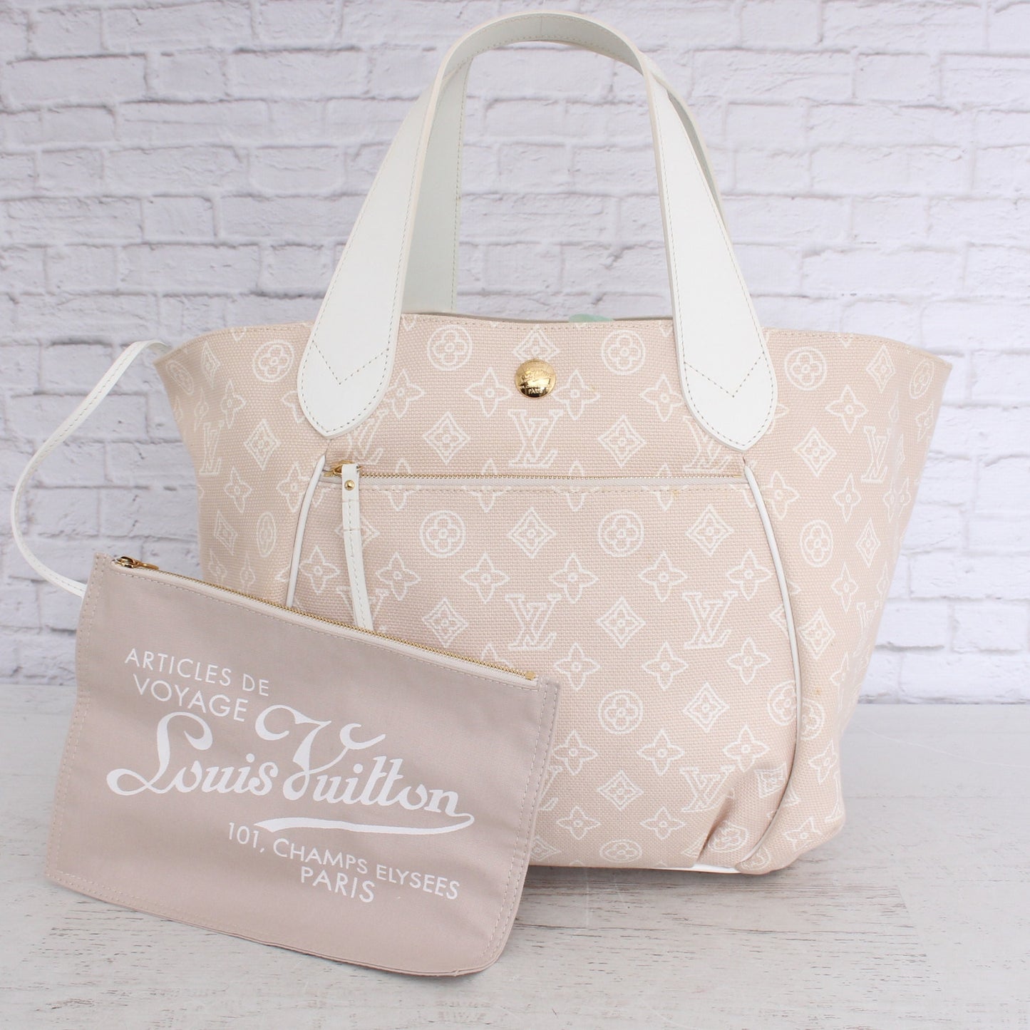 Louis Vuitton Cabas Ipanema PM Beige Canvas Leather Tote Shoulder Purse