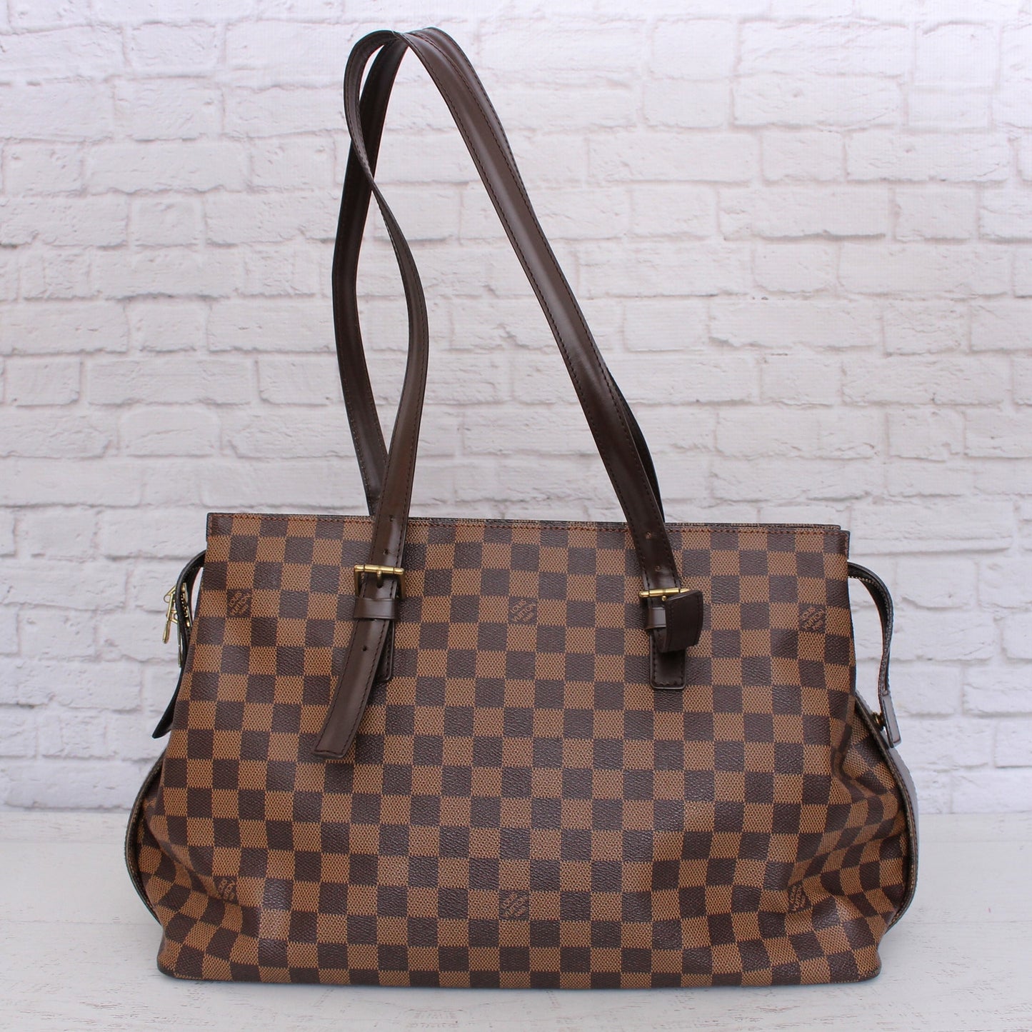 Louis Vuitton Chelsea Damier Ebene Shoulder Tote Purse Brown Large A4990