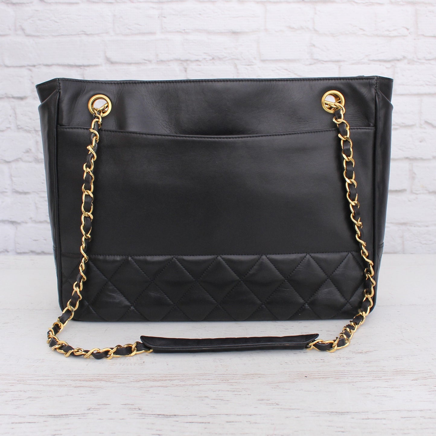 Chanel Quilted Black Lambskin Chain Tote Leather Shoulder Handbag Purse A5036