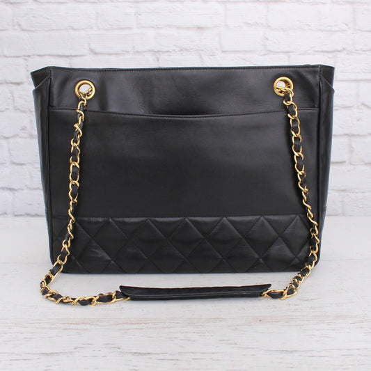Chanel Quilted Black Lambskin Chain Tote Leather Shoulder Handbag Purse A5036
