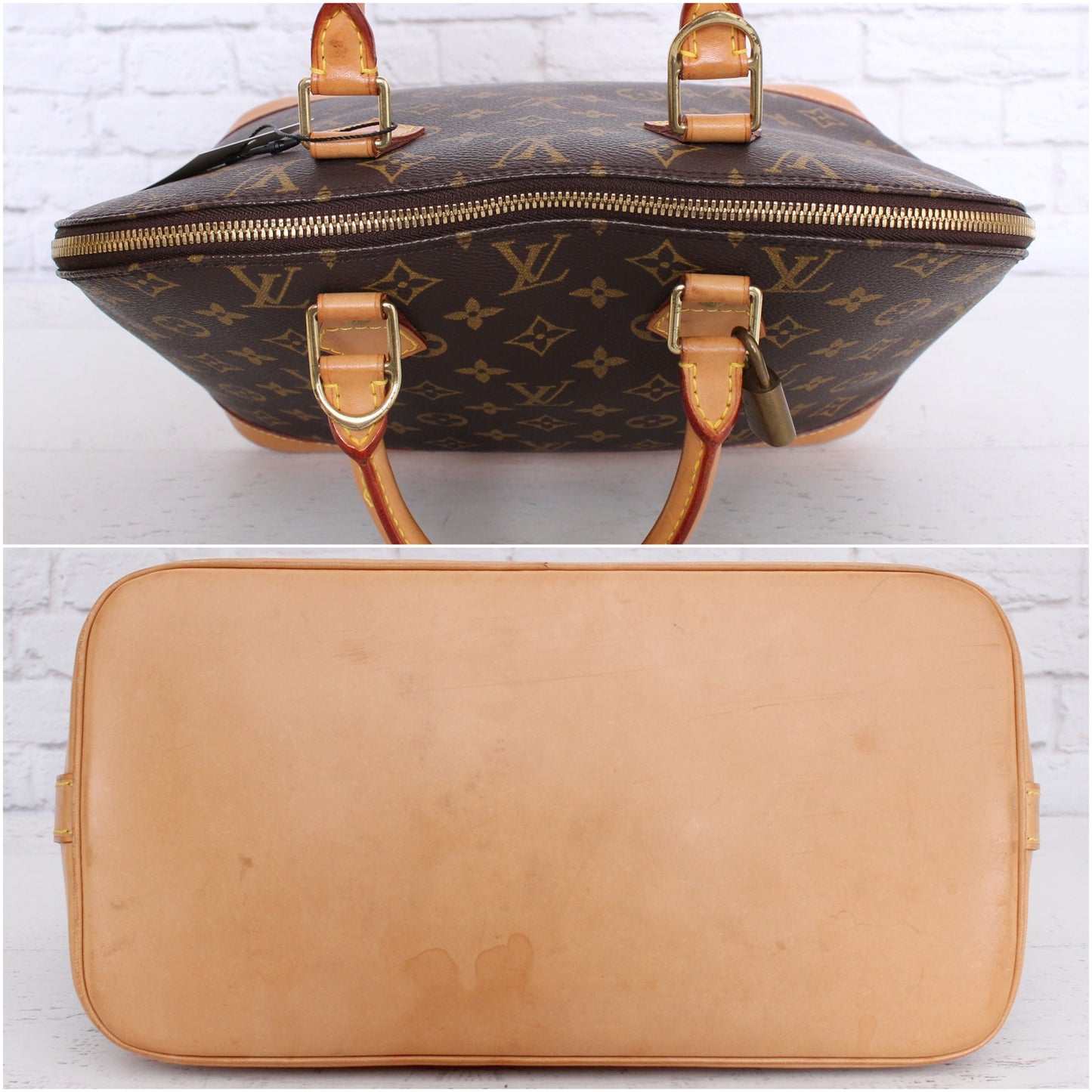 Louis Vuitton Alma MM Monogram Satchel Brown Leather Handbag Tote Purse A5092