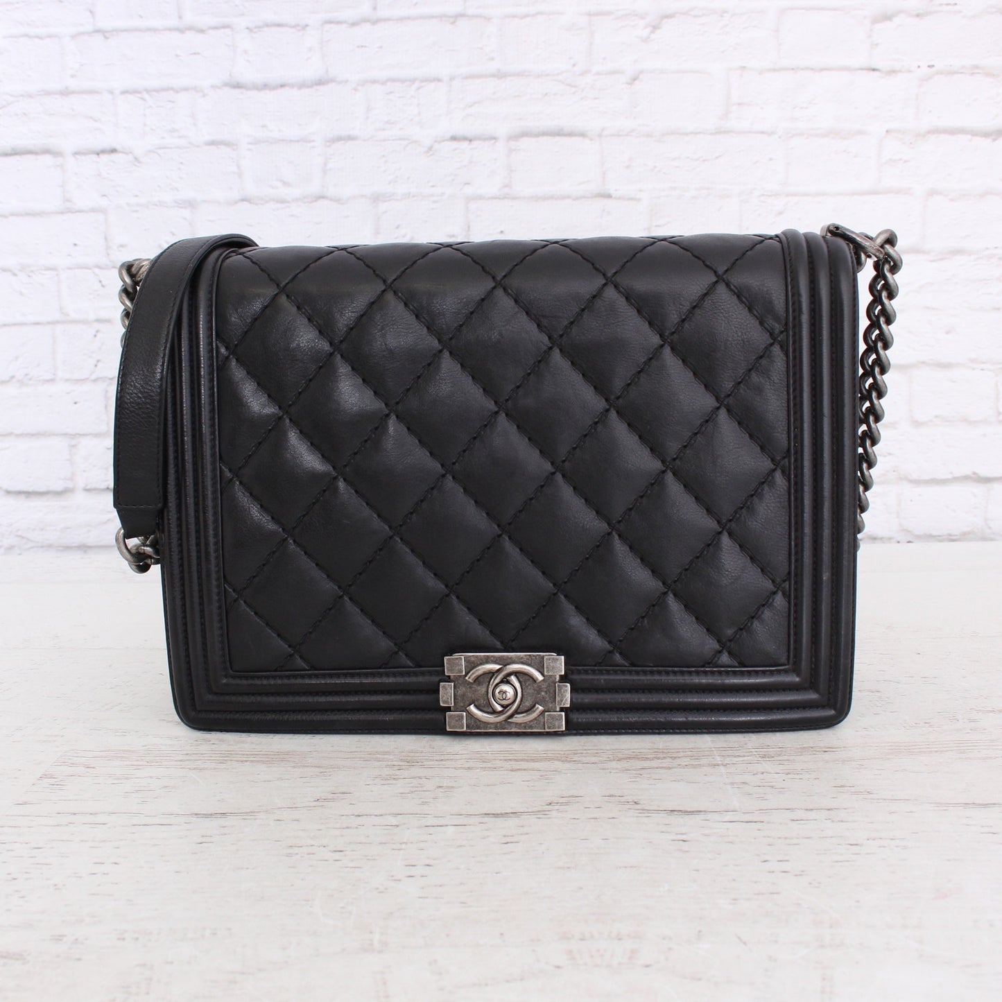 Chanel Boy Bag Quilted Lambskin Black Leather Shoulder Handbag Purse