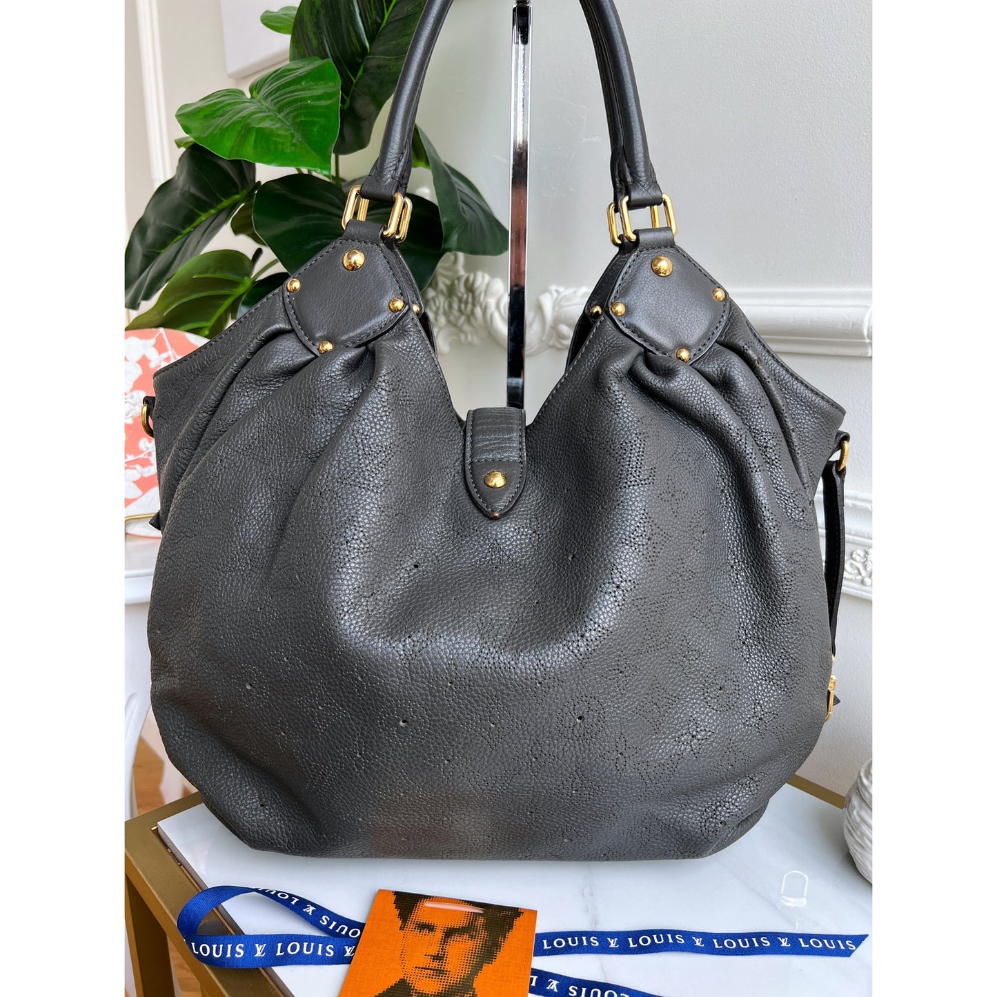 Louis Vuitton Mahina L Leather Gray Monogram Hobo