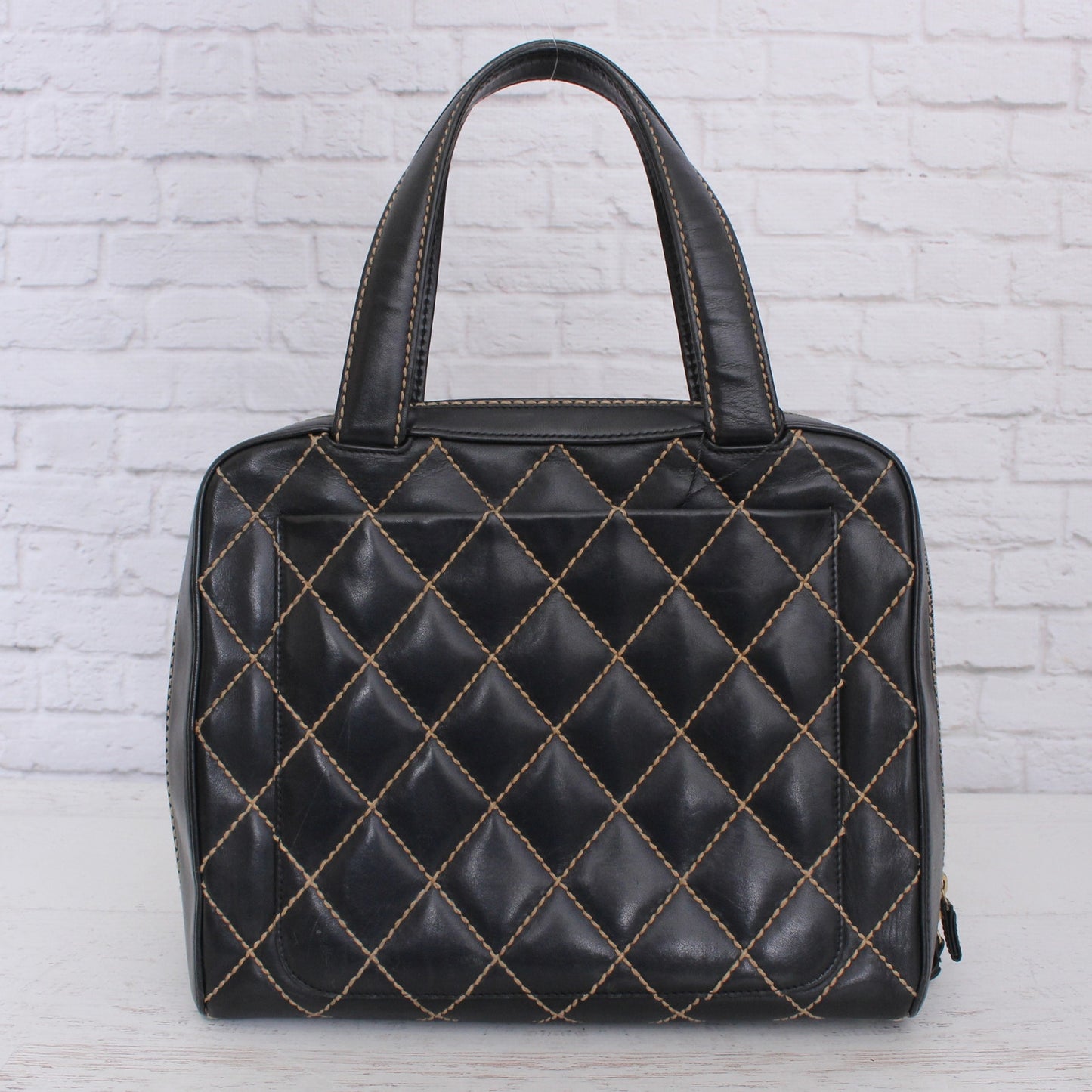 Chanel Wild Stitch Black Lambskin Leather Handbag Satchel Purse A5529