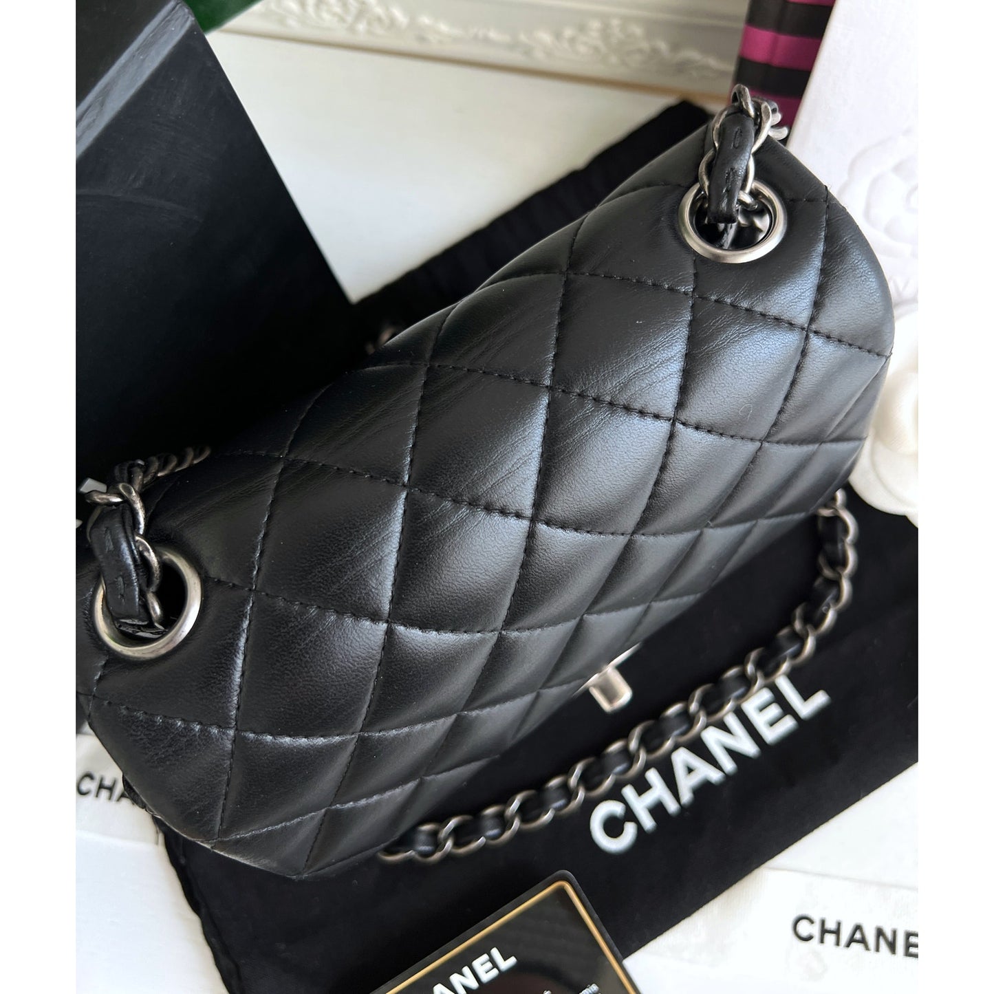 Authentic Chanel Black Lambskin Classic Square Flap Black Crossbody Bag