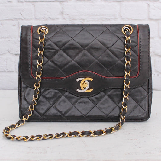 Chanel Paris Limited Two Tone Double Flap Black Lambskin Shoulder Crossbody