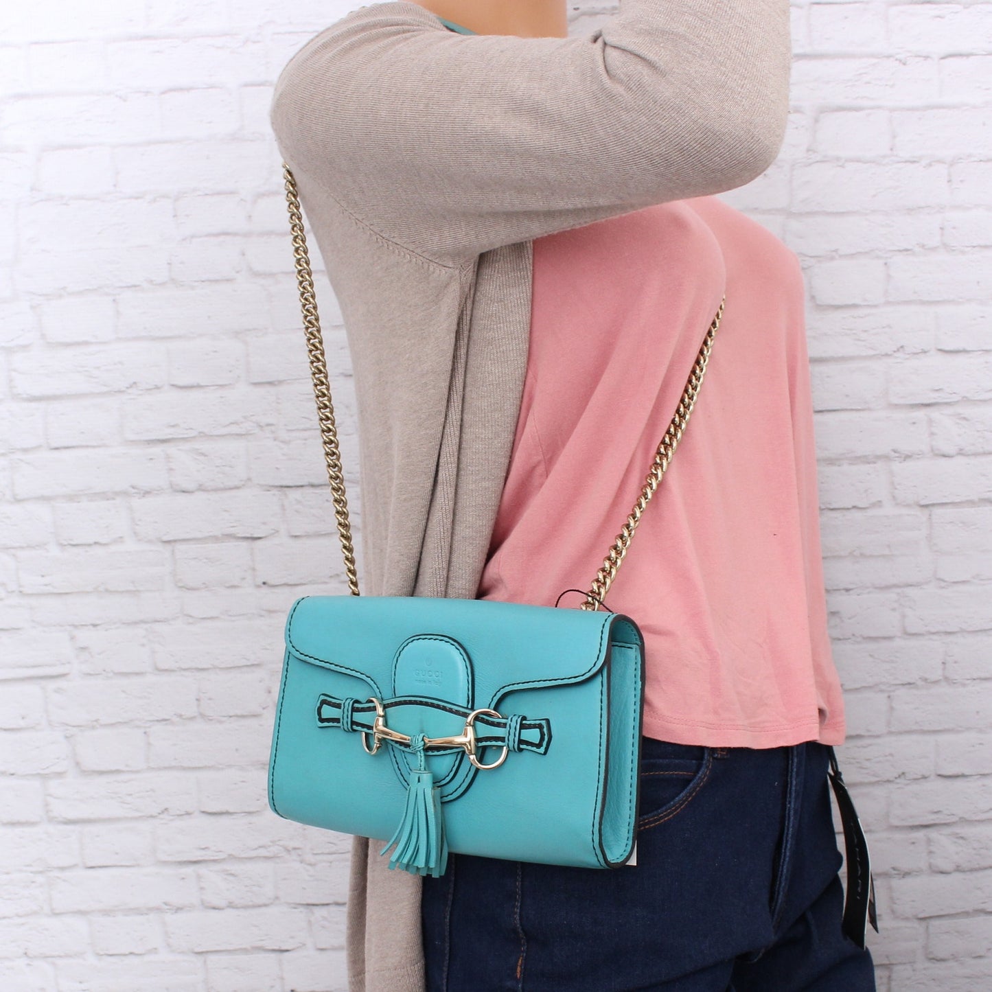 Gucci Emily Turquoise Calfskin Leather Crossbody and Shoulder Purse A4979