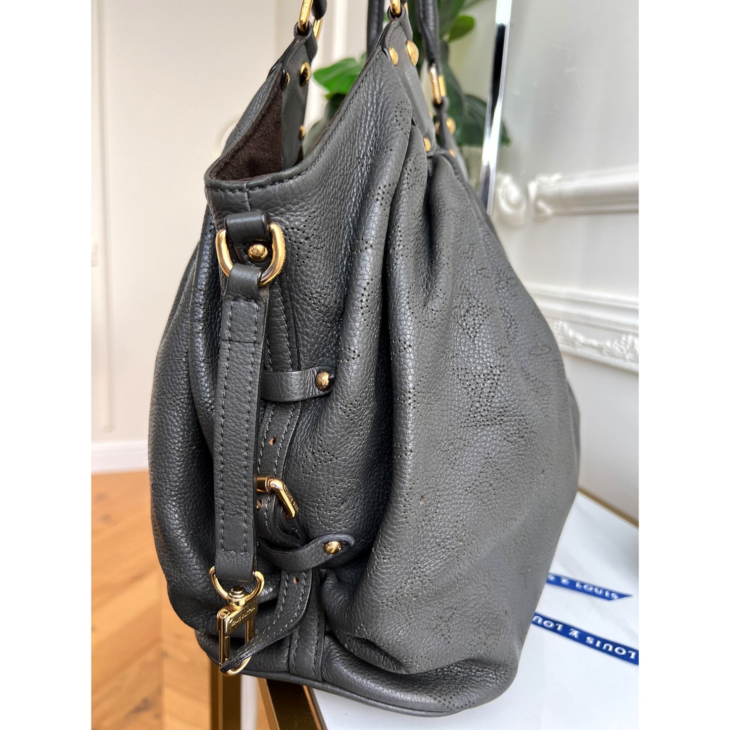 Louis Vuitton Mahina L Leather Gray Monogram Hobo