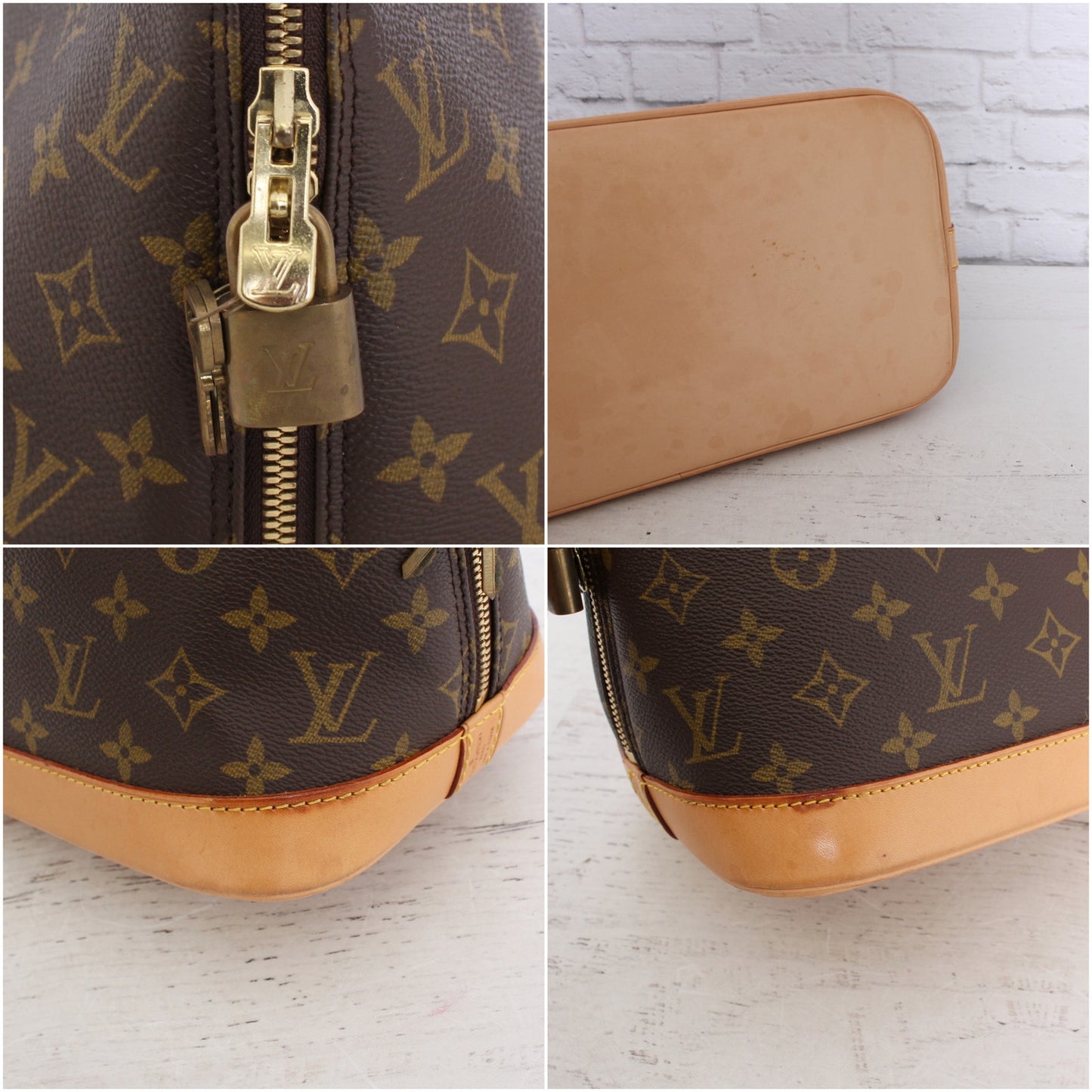 Louis Vuitton Alma MM Monogram Satchel Brown Leather Handbag Zip Bag