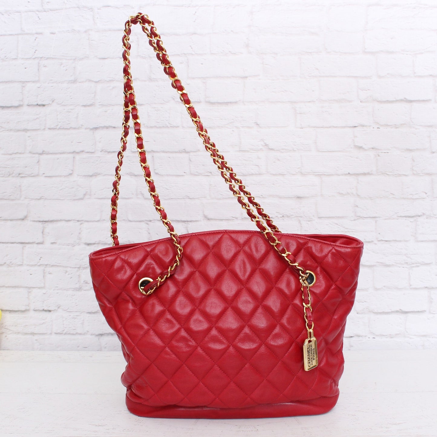Chanel Chain Tote Red Lambskin Leather Shoulder Bag Handbag Purse A4604