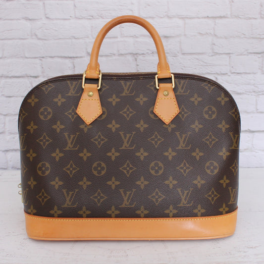 Louis Vuitton Alma MM Monogram Satchel Brown Leather Handbag Tote Purse A5014