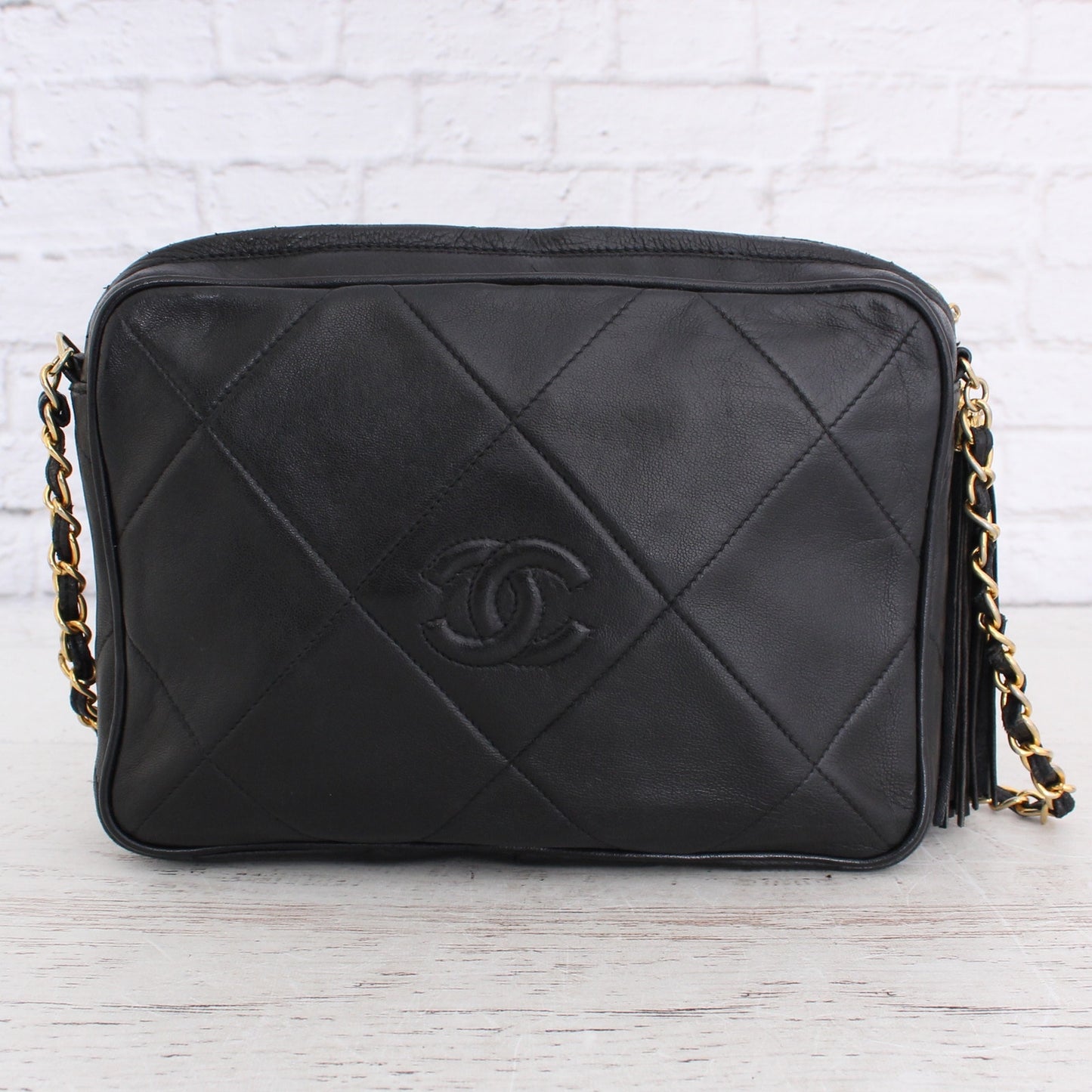 Chanel Diamond CC Black Quilted Lambskin Leather Camera Bag