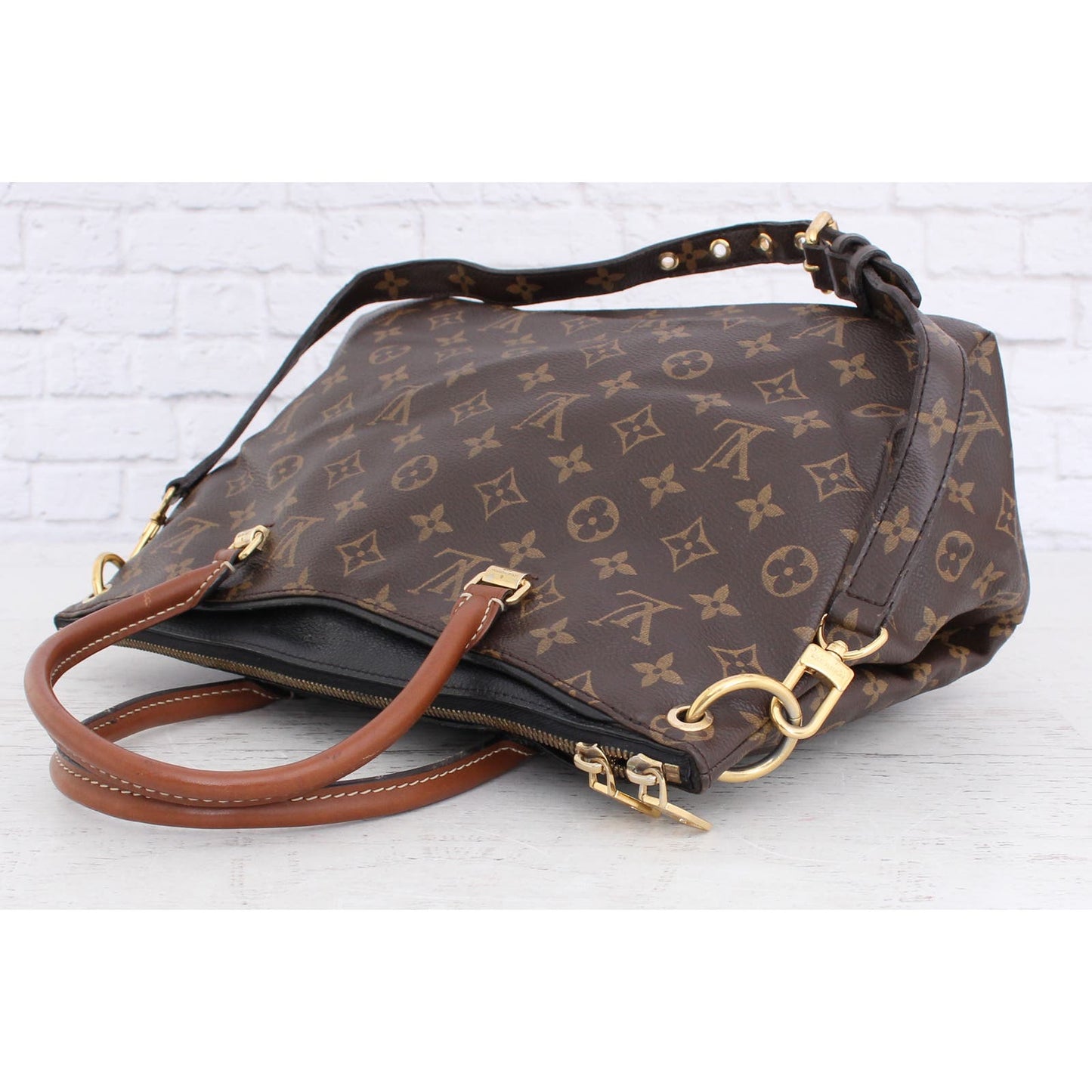 Louis Vuitton Pallas MM Noir Monogram Shoulder Bag Brown Satchel Purse