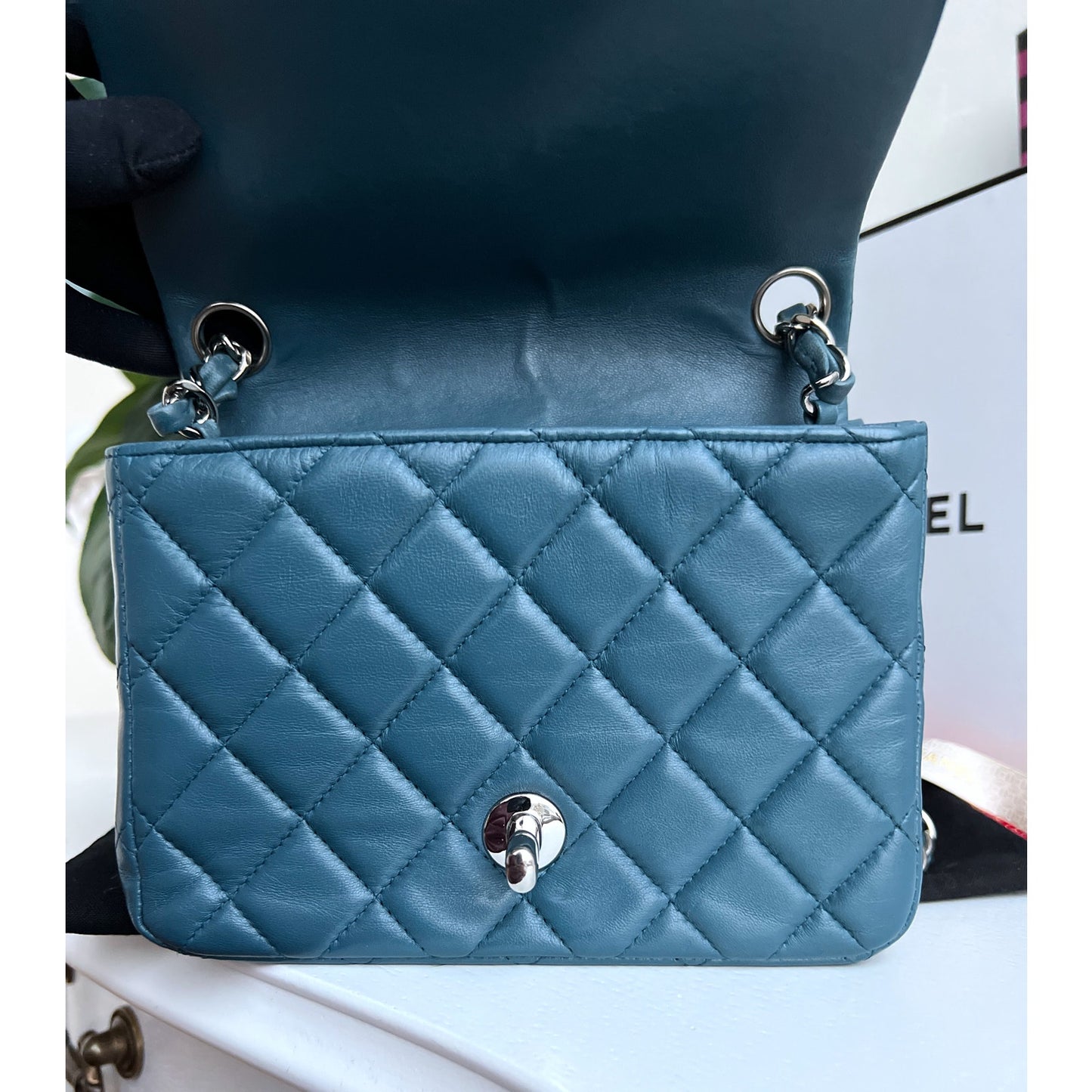 Authentic Chanel Classic Flap Mini Blue Crossbody Square Lambskin Bag B0821