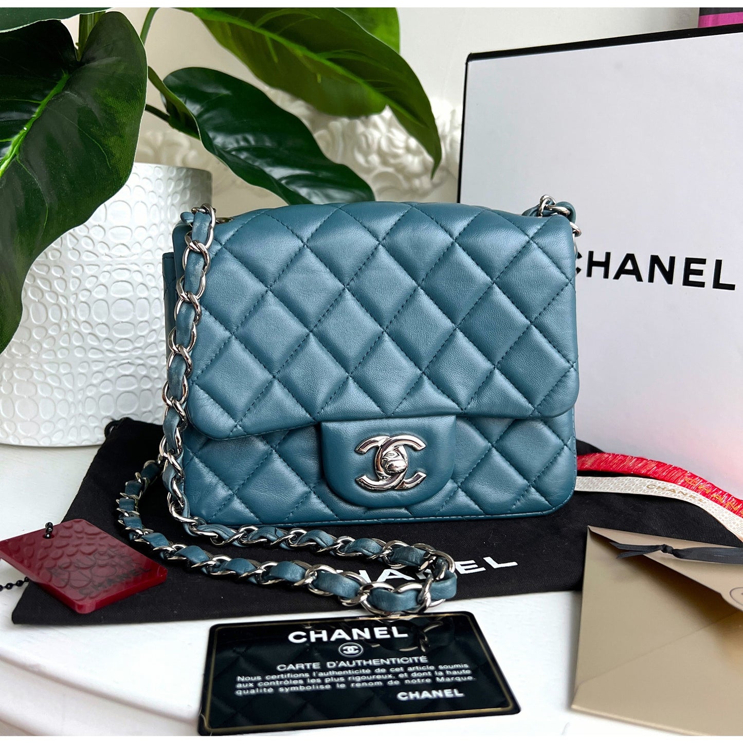 Authentic Chanel Classic Flap Mini Blue Crossbody Square Lambskin Bag B0821