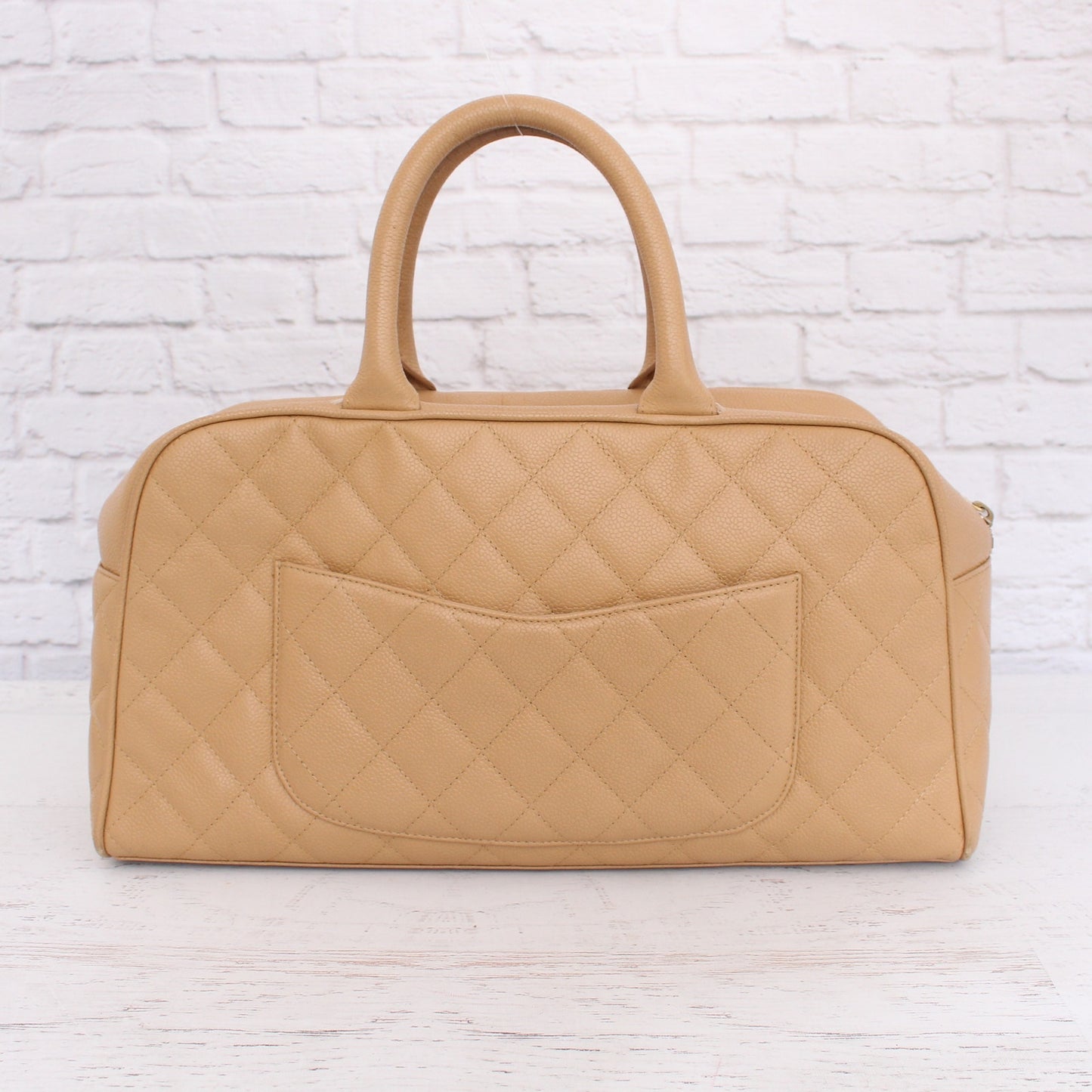 Chanel CC Bowler Boston Bag Beige Caviar Leather Bag Handbag Satchel A3507