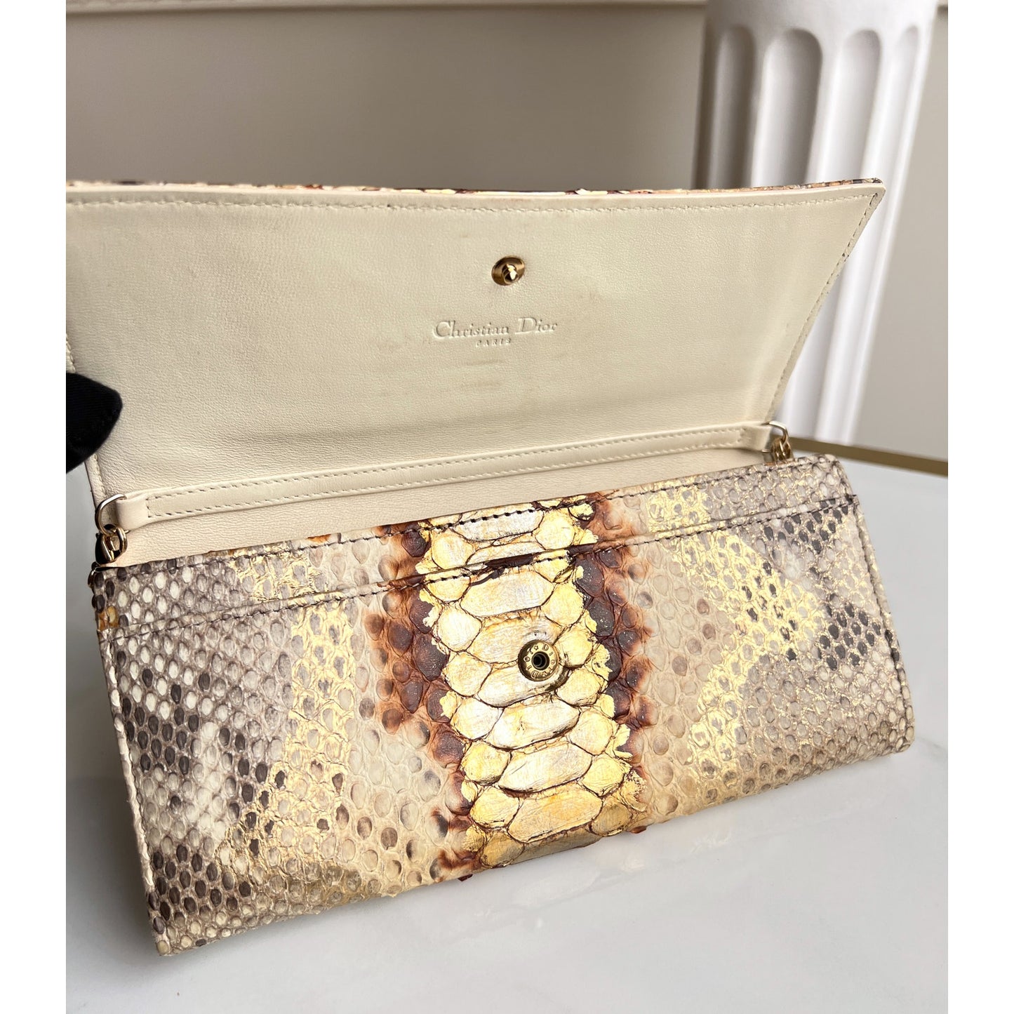 Christian Dior Lady Python Wallet and Clutch on Chain Pouch Strap Beige