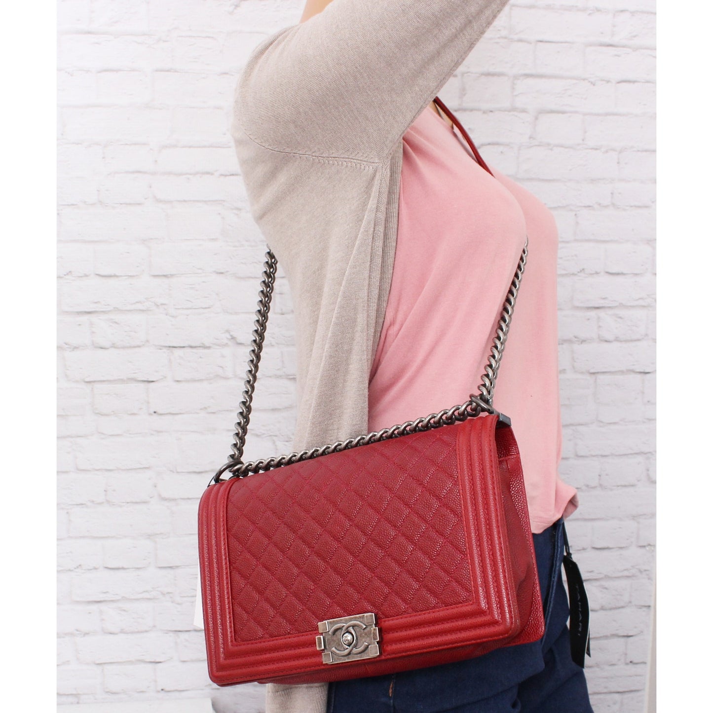 Chanel Boy Bag Burgundy Caviar Leather Shoulder Bag Handbag Purse A4938