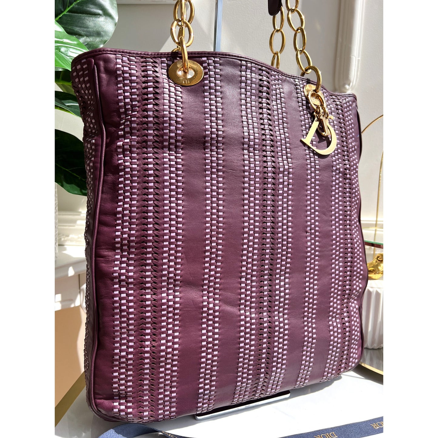 Christian Dior Woven Purple Leather Soft Gold Tote Shoulder Handbag