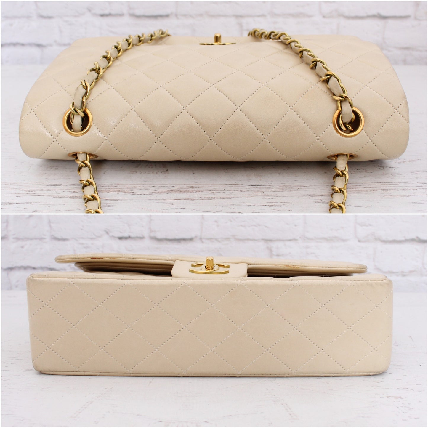 Chanel Classic Double Flap Cream Lambskin Leather Shoulder Handbag Purse A5109