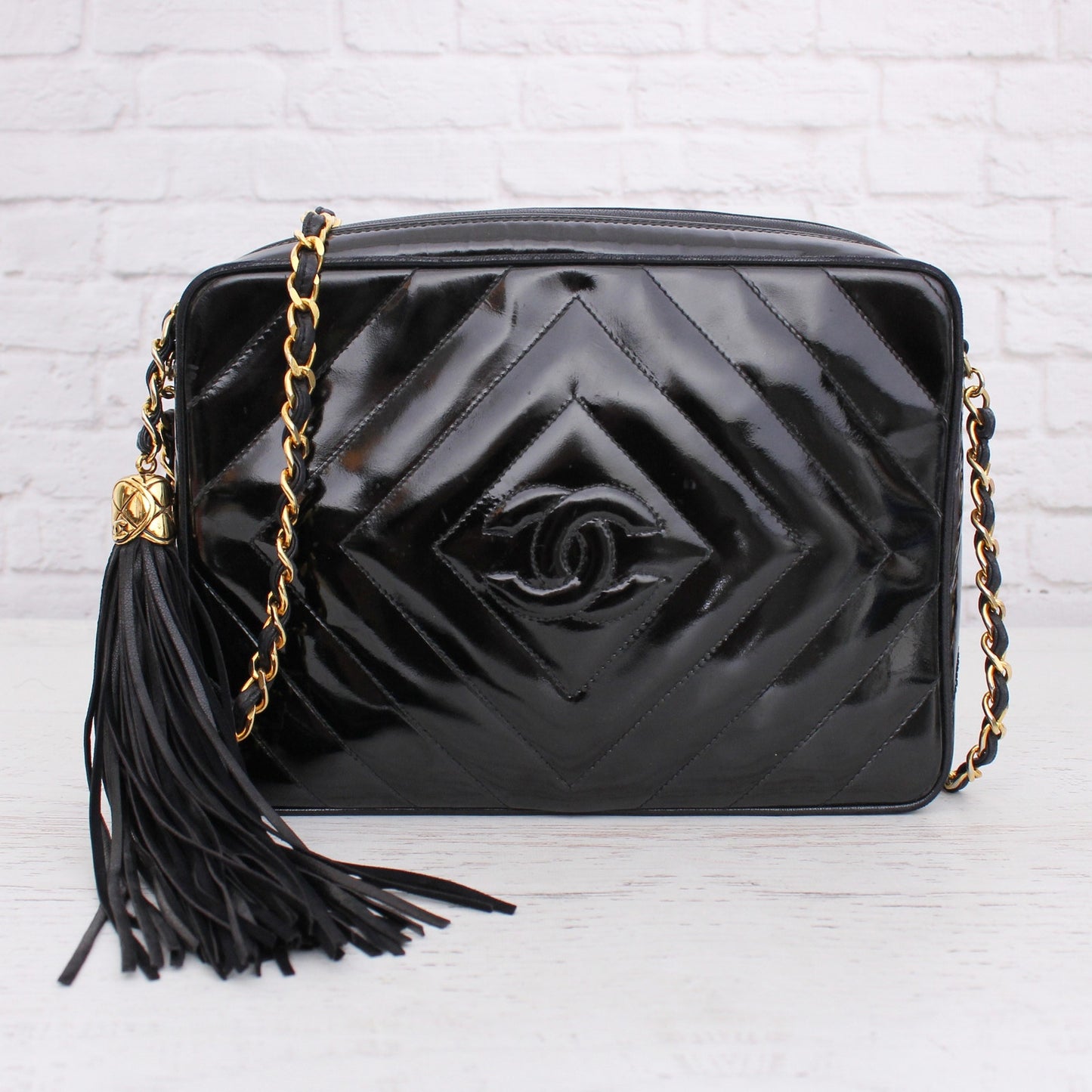 Chanel CC Black Patent Leather Camera Bag Shoulder Crossbody Purse A4959