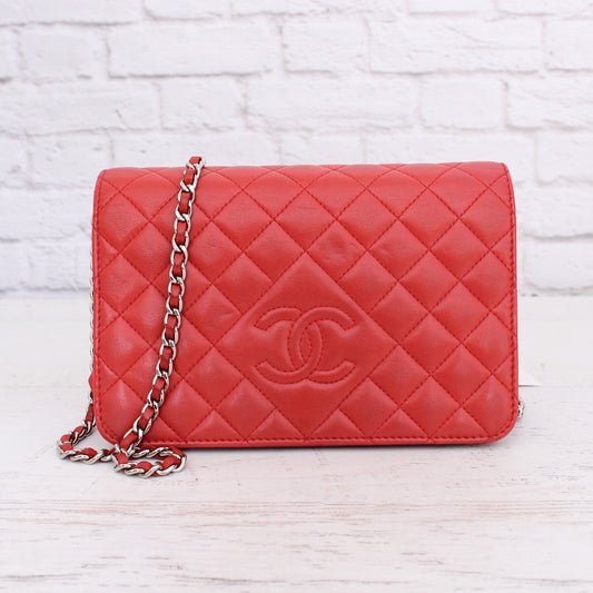 Chanel CC Full Flap Wallet on Chain Red Lambskin Leather Shoulder Handbag A4714