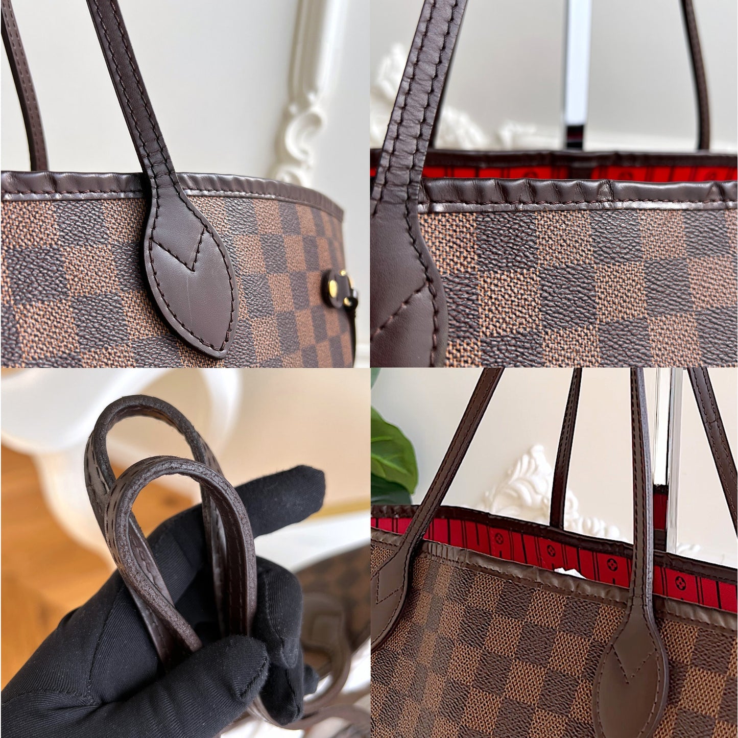 Louis Vuitton Neverfull GM Damier Ebene Large Tote Shoulder Red Purse