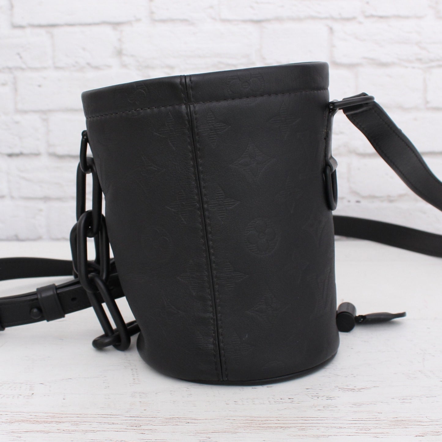 Louis Vuitton Chalk Nano Bucket Bag Monogram Shadow Leather Crossbody A4283