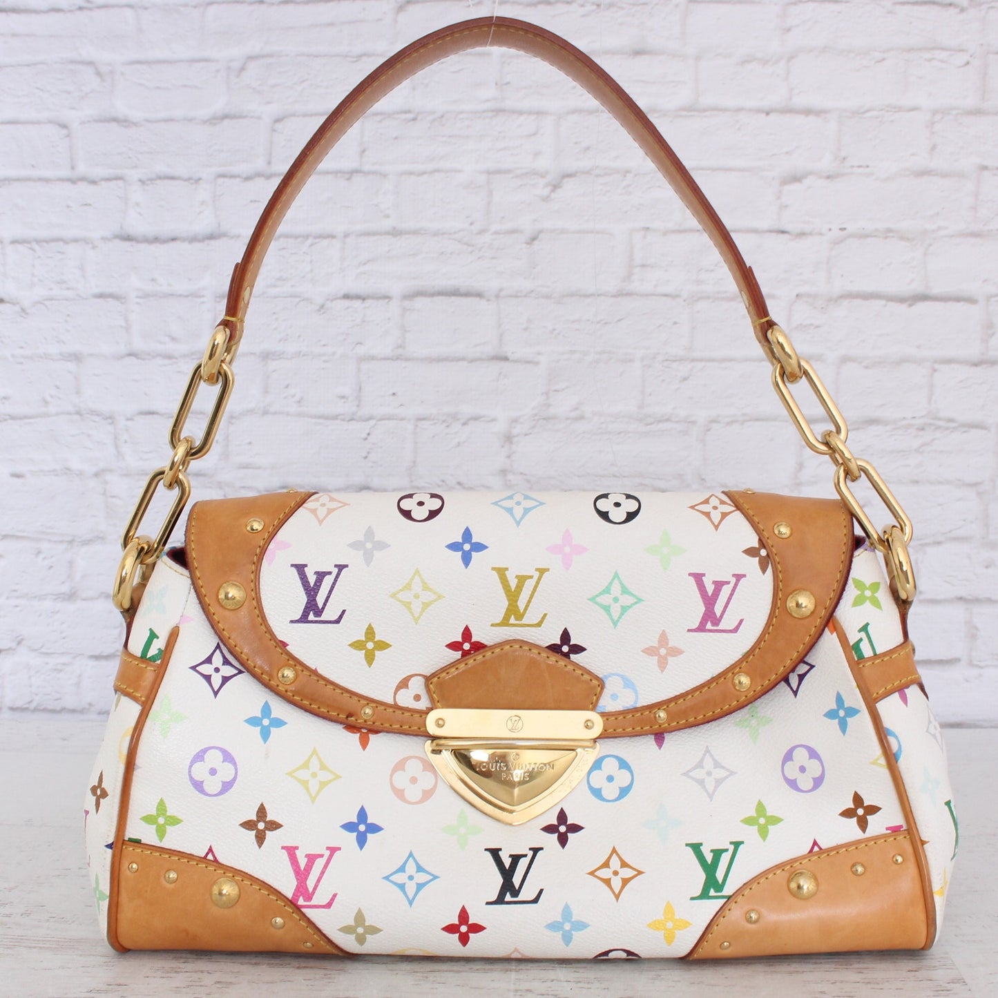 Louis Vuitton Beverly MM White Multicolor Shoulder Tote Leather Purse