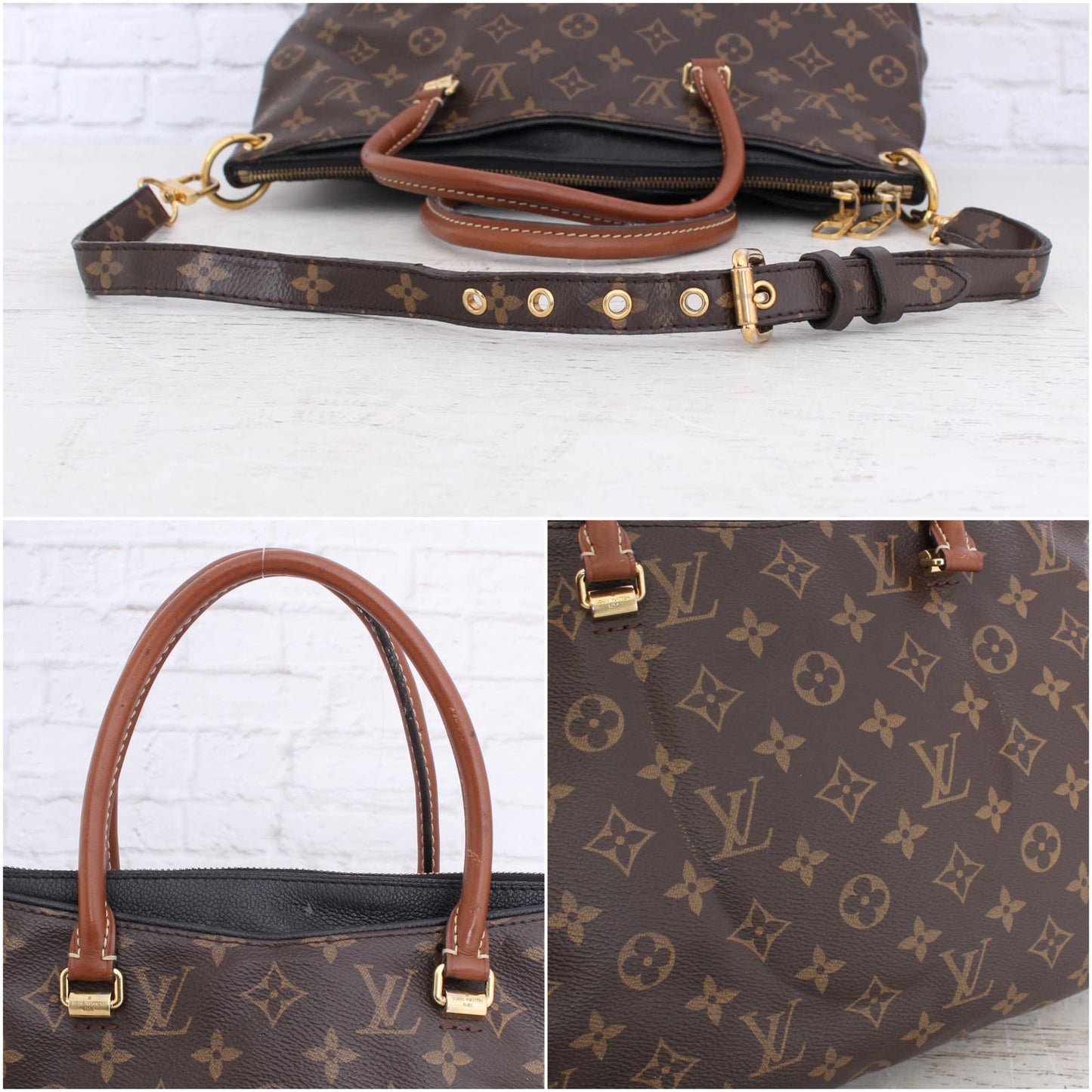 Louis Vuitton Pallas MM Noir Monogram Shoulder Bag Brown Satchel Purse