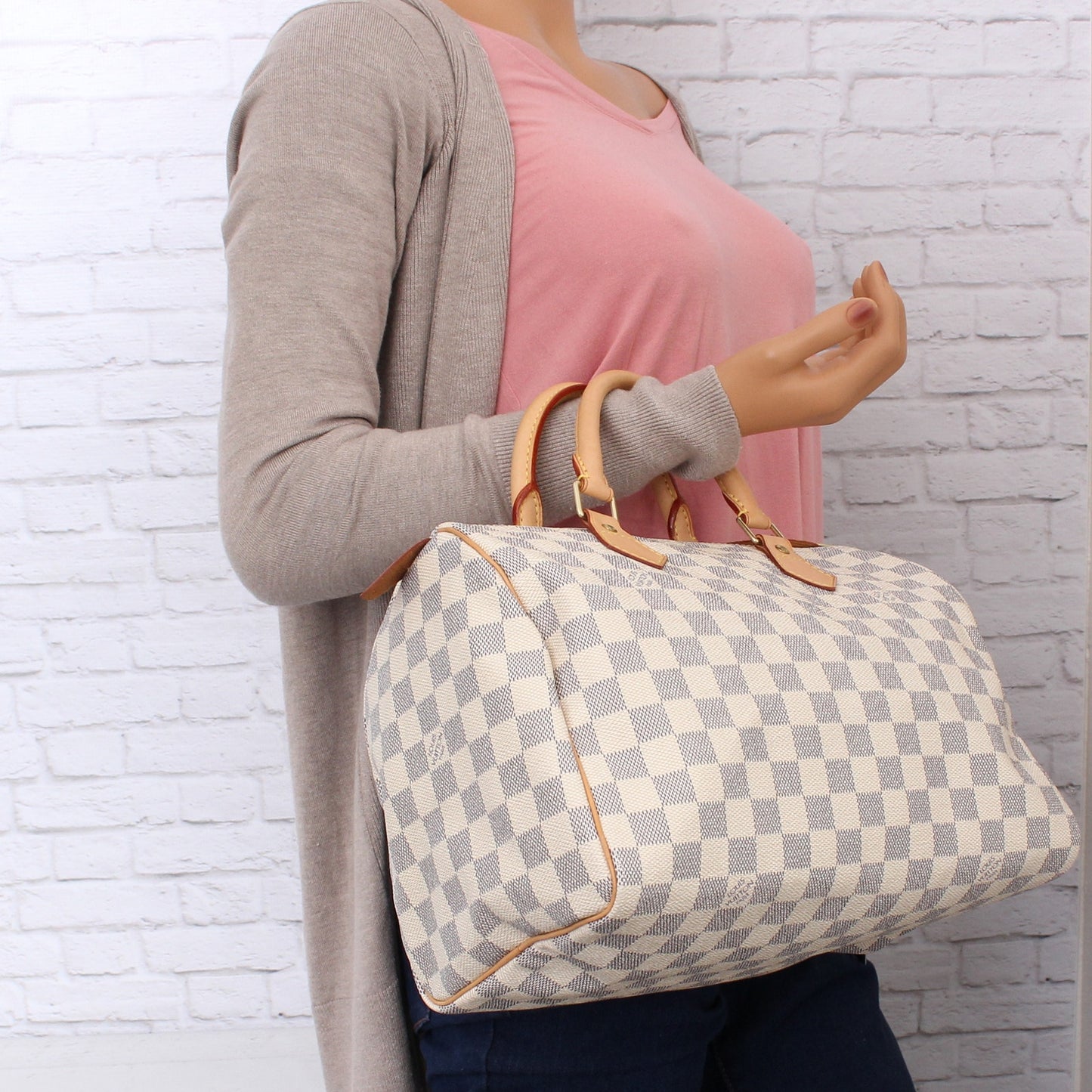 Louis Vuitton Speedy 30 Damier Azur Satchel White Boston Leather Handbag A5364