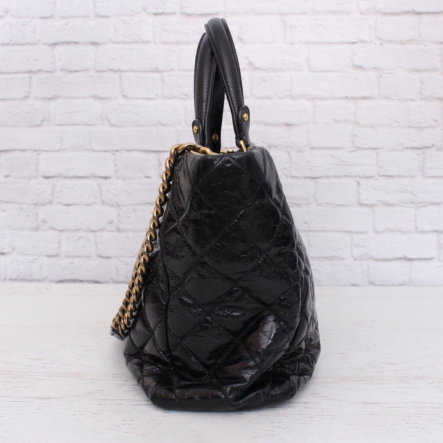 Chanel 2 Way Tote Black Glazed Calfskin Leather Shoulder Handbag Purse A4825