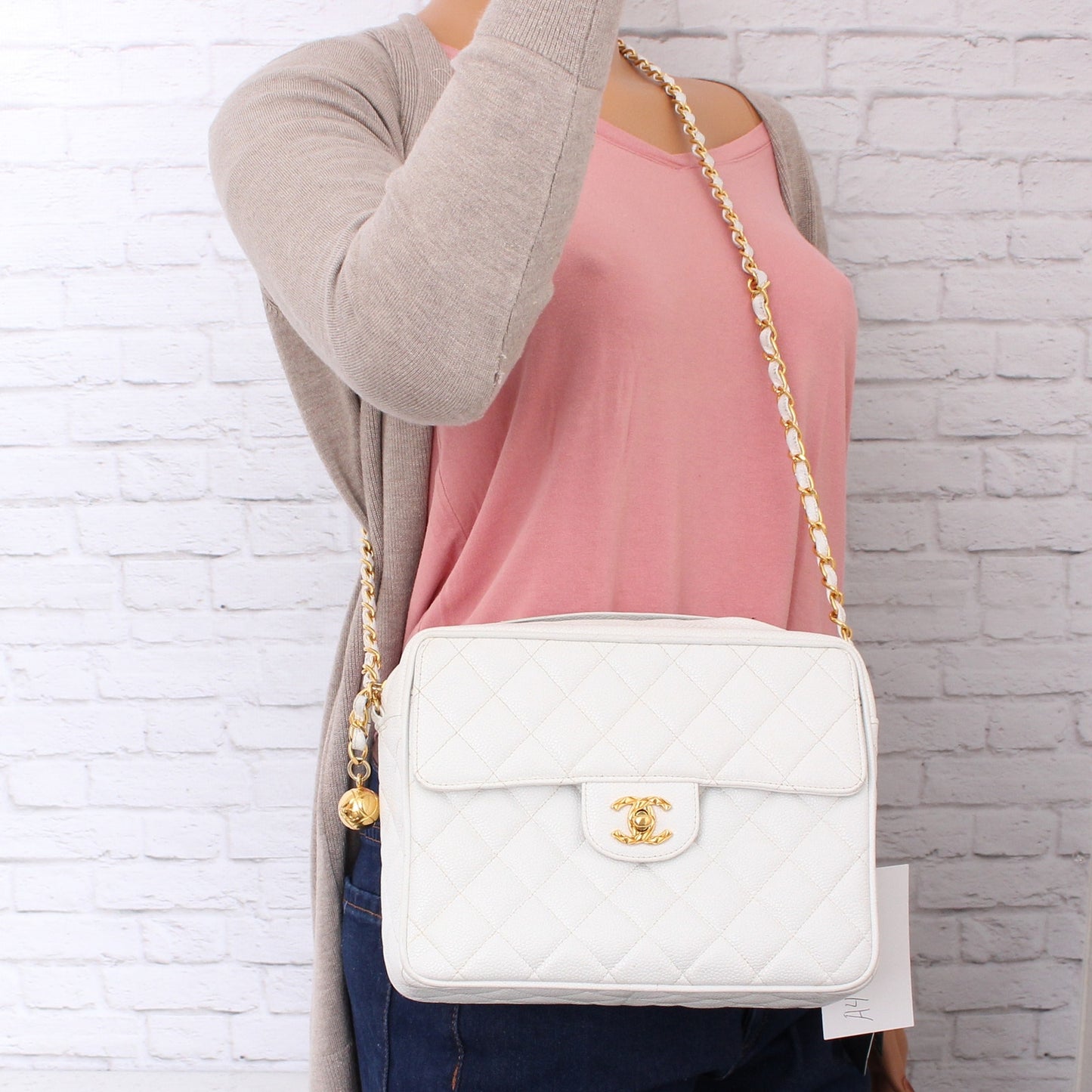 Chanel CC Camera Bag White Caviar Leather Shoulder Handbag A4730