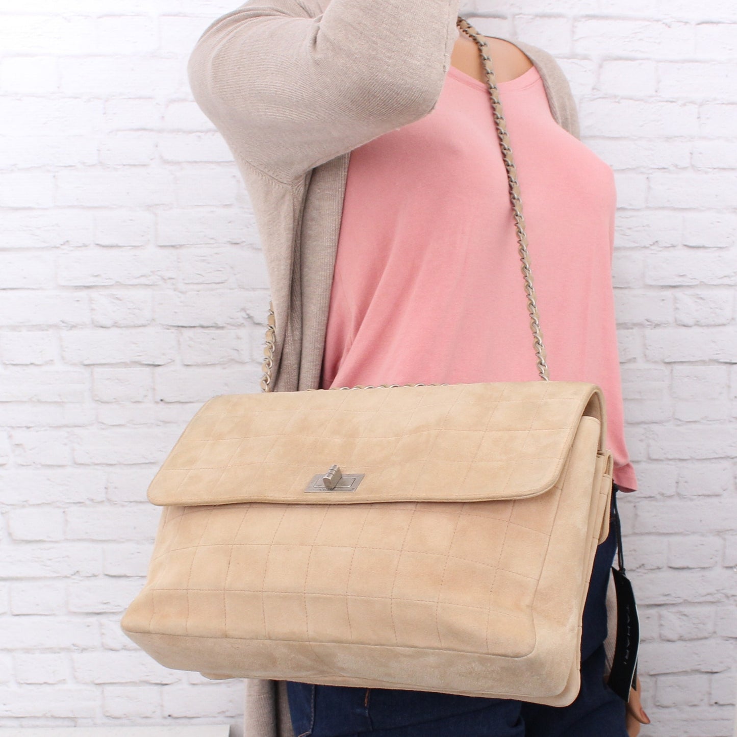Chanel Chocolate Bar Reissue Multi Pocket Beige Suede Shoulder Crossbody A3212