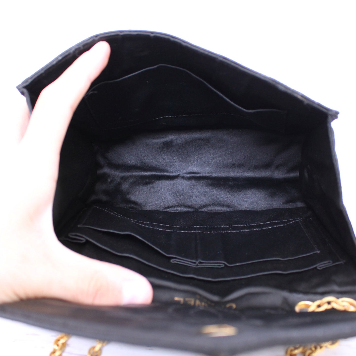 Chanel Envelope Flap V Stitch Black Nylon Fabric Shoulder Handbag Purse A4055