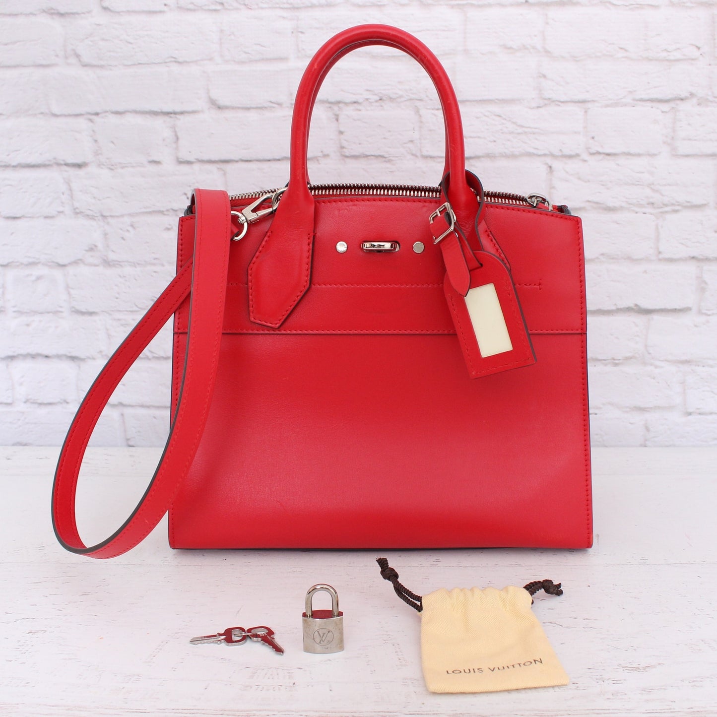 Louis Vuitton City Steamer PM Red Calfskin Leather Satchel Shoulder A3392