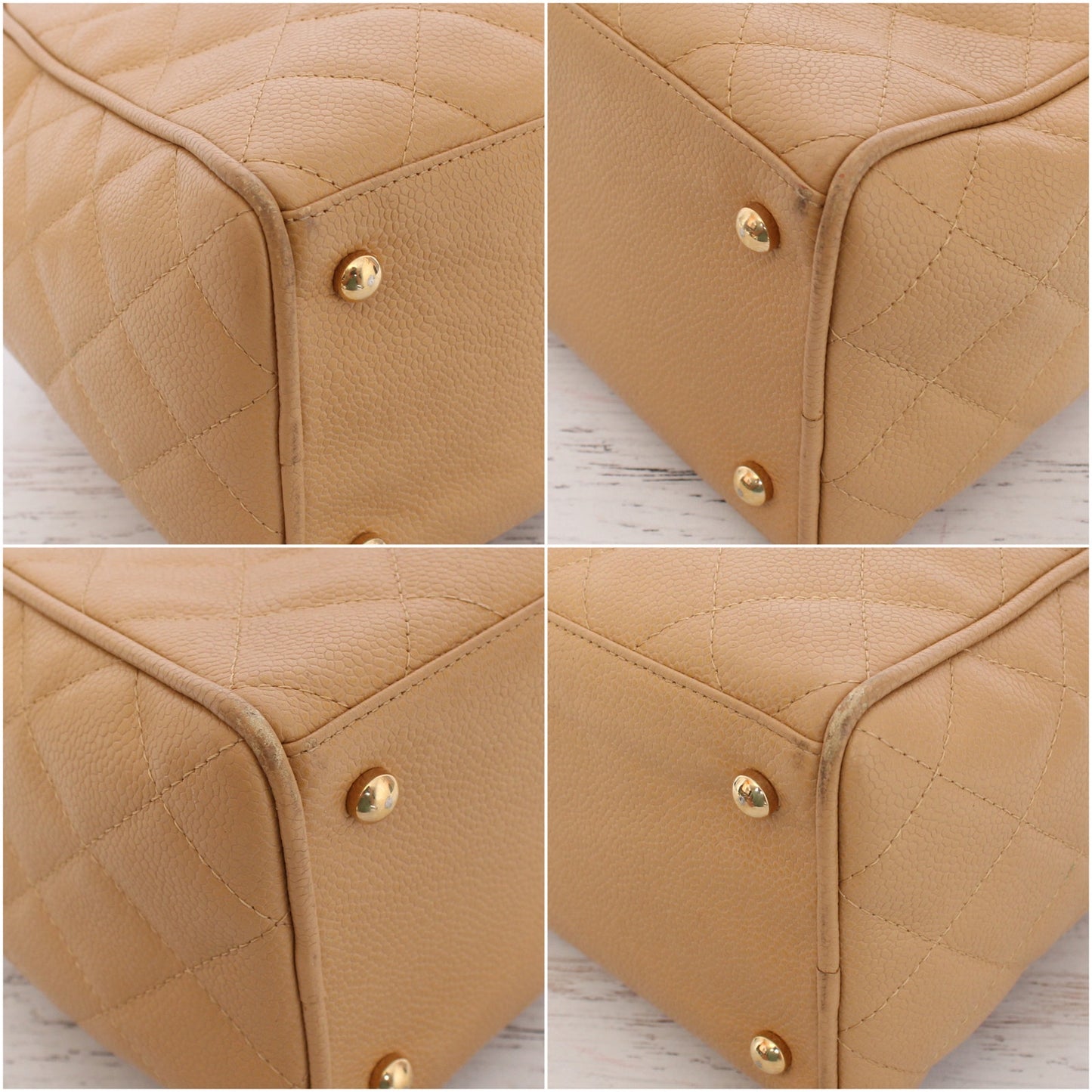 Chanel CC Bowler Boston Bag Beige Caviar Leather Bag Handbag Satchel A3507
