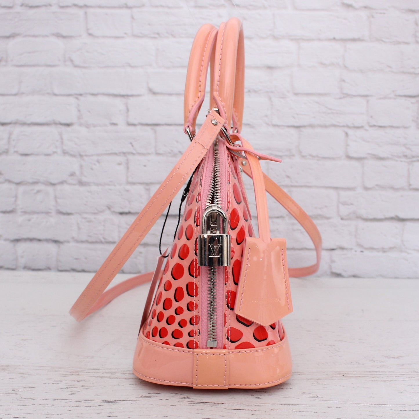 Louis Vuitton Alma BB Jung;e Dots Pink Vernis Crossbody Satchel Handbag A5535