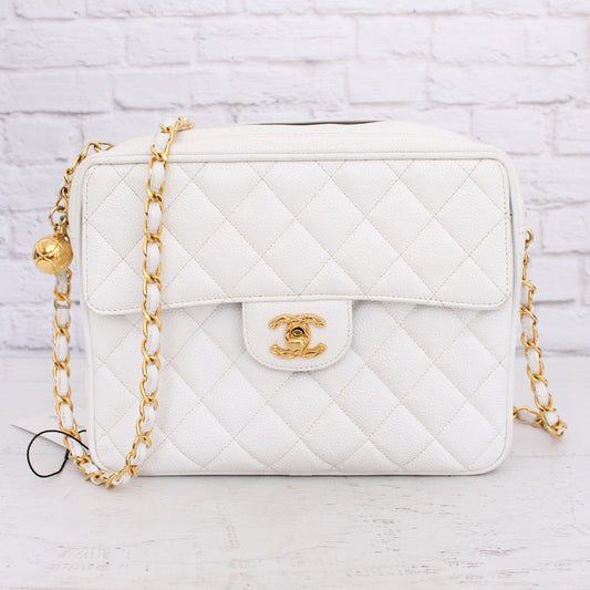 Chanel CC Camera Bag White Caviar Leather Shoulder Handbag A4730