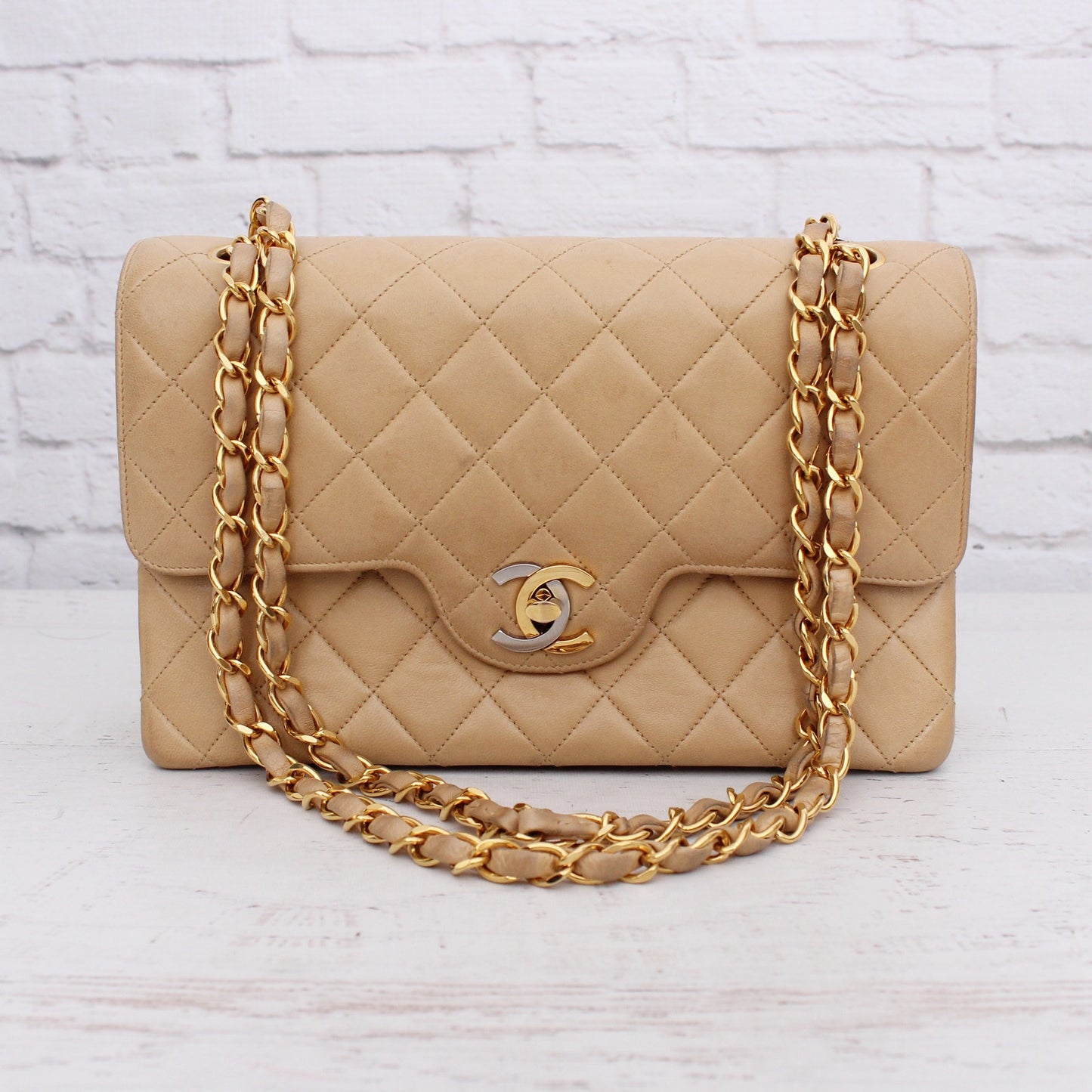Chanel Paris Limited Two Tone Double Flap Beige Lambskin Leather Shoulder A4710