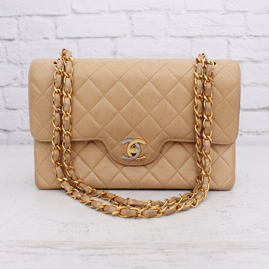 Chanel Paris Limited Two Tone Double Flap Beige Lambskin Leather Shoulder A4710