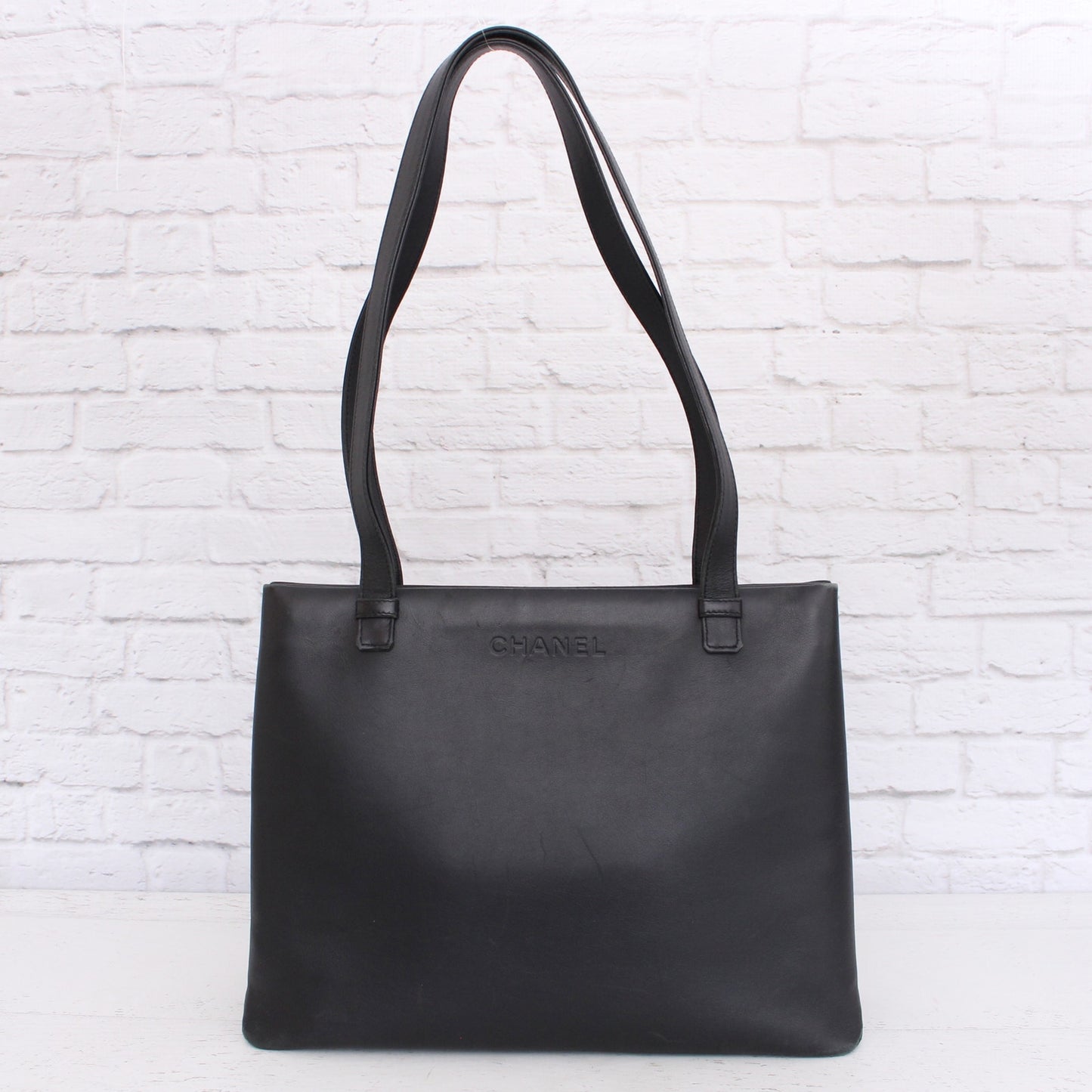 Chanel Tote Bag Black Leather Shoulder Handbag Purse A3587