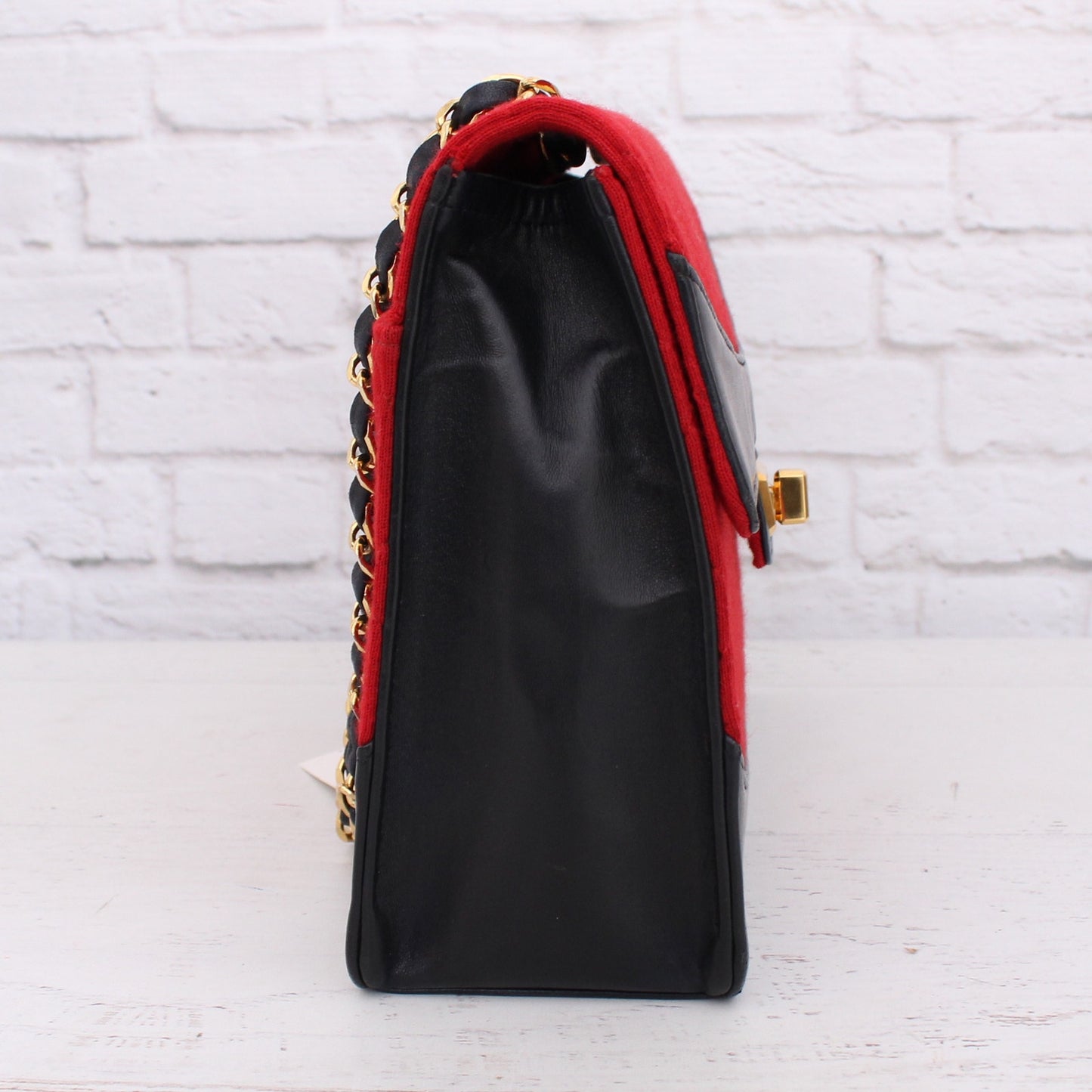 Chanel Double Chain Shoulder Bag Quilted Red Jersey Handbag Leather A4033