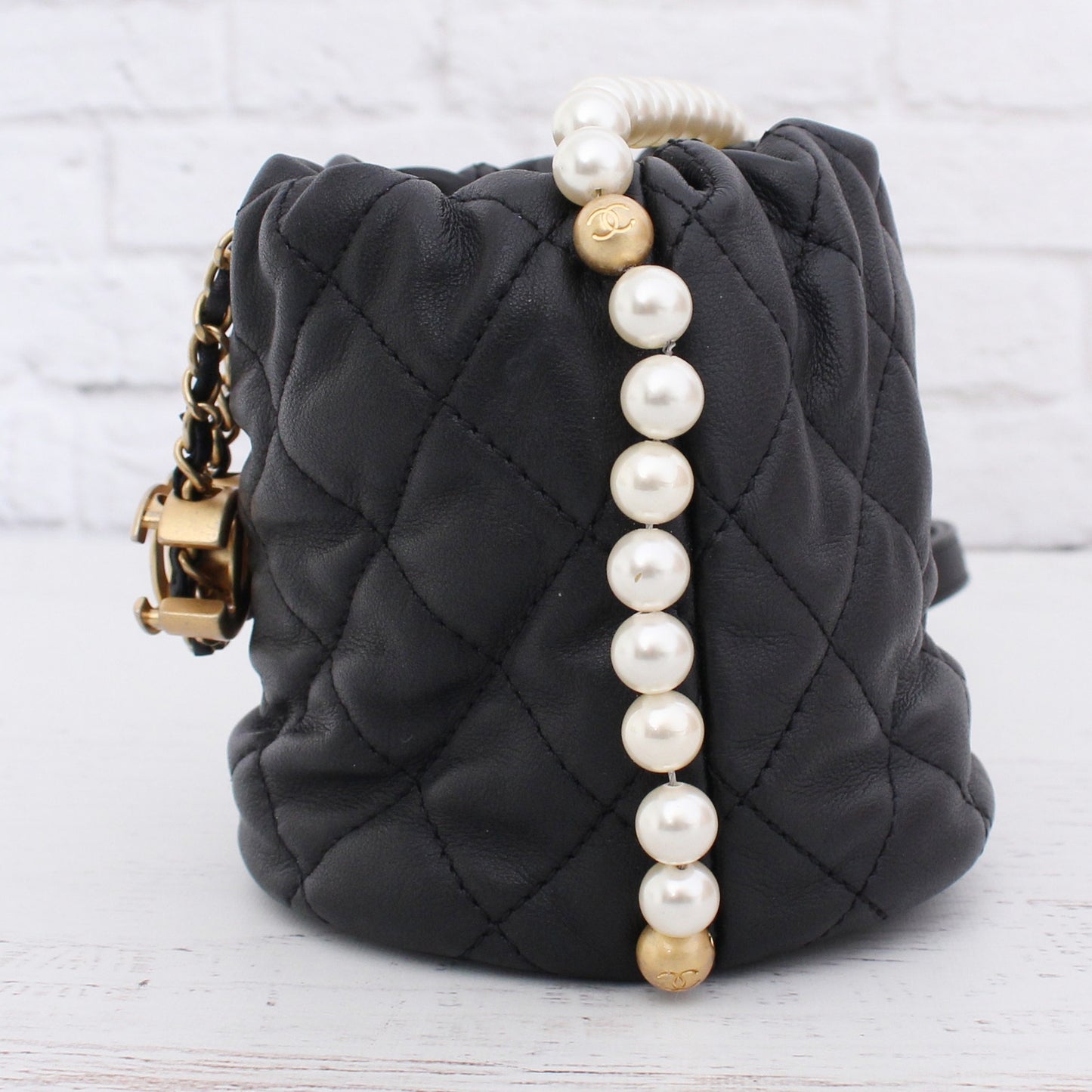 Chanel Pearl Chain Mini Black Lambskin Bucket Bag Shoulder Purse