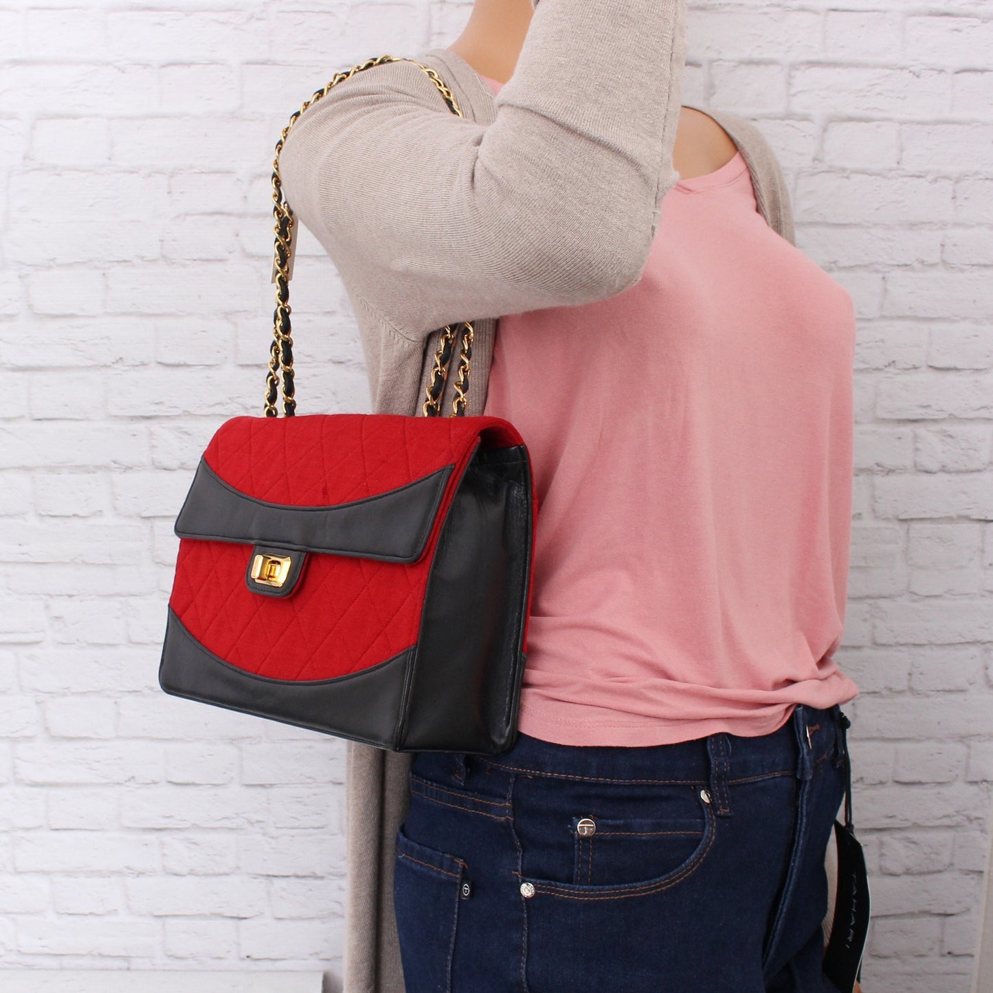 Chanel Double Chain Shoulder Bag Quilted Red Jersey Handbag Leather A4033