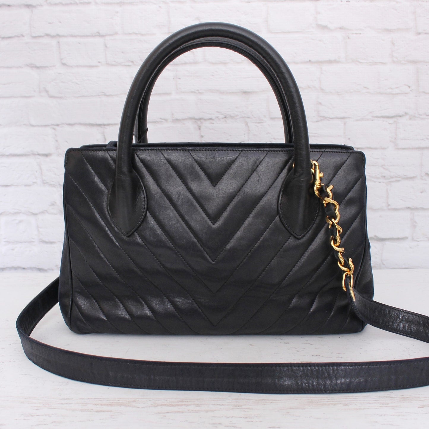 Chanel V Stitch 2 Way Handbag Black Lambskin Leather Shoulder Purse A4935